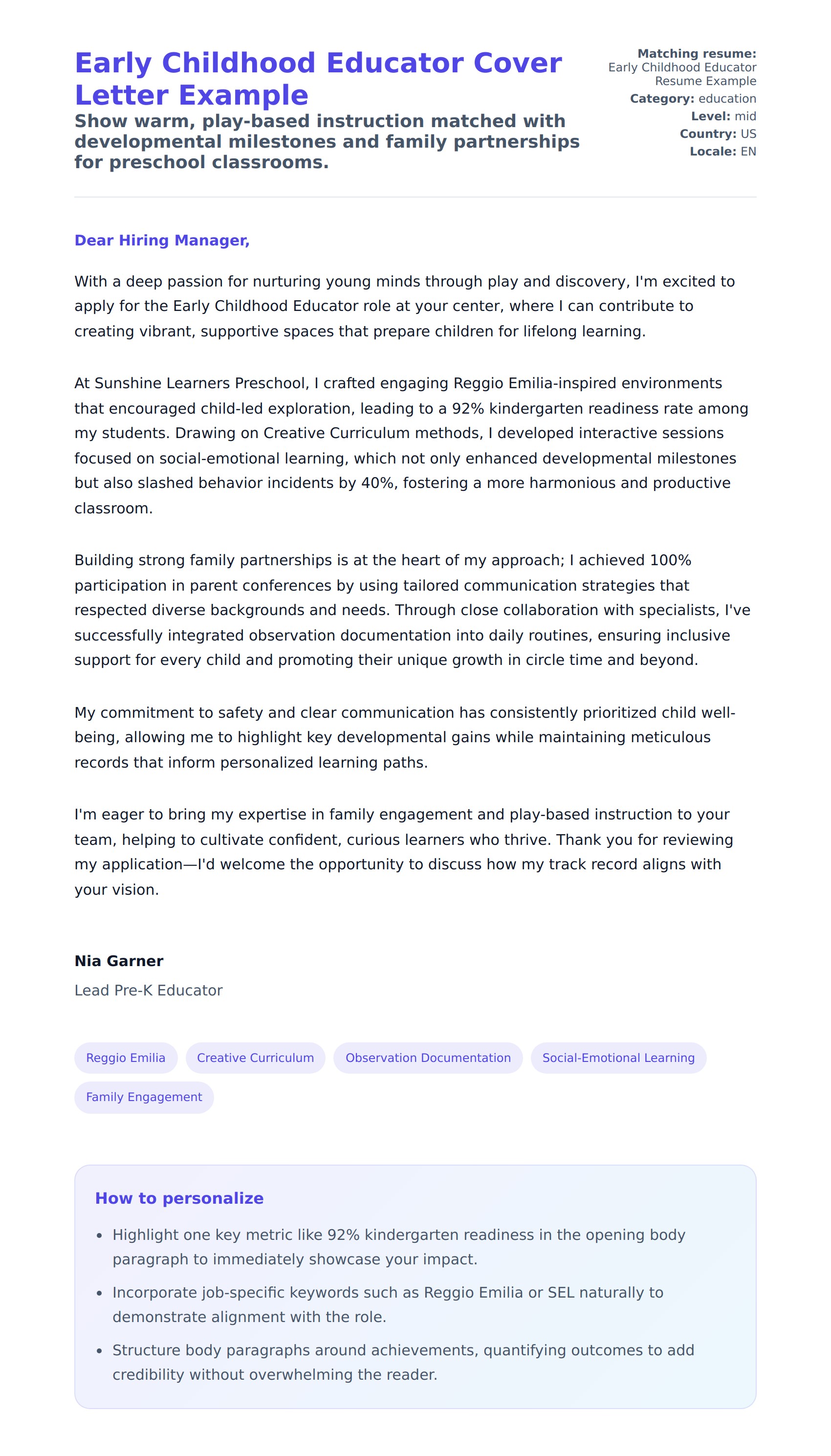 Cover Letter preview for Early Childhood Educator Cover Letter Example