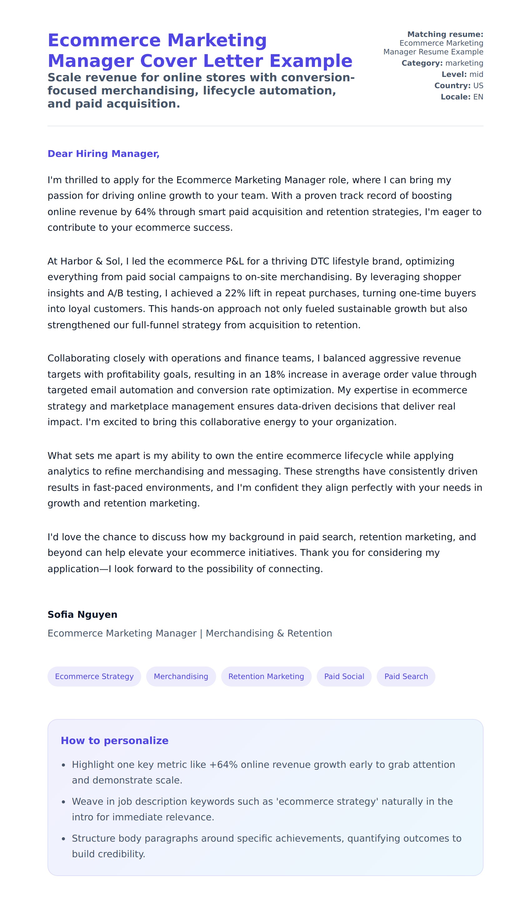 Cover Letter preview for Ecommerce Marketing Manager Cover Letter Example