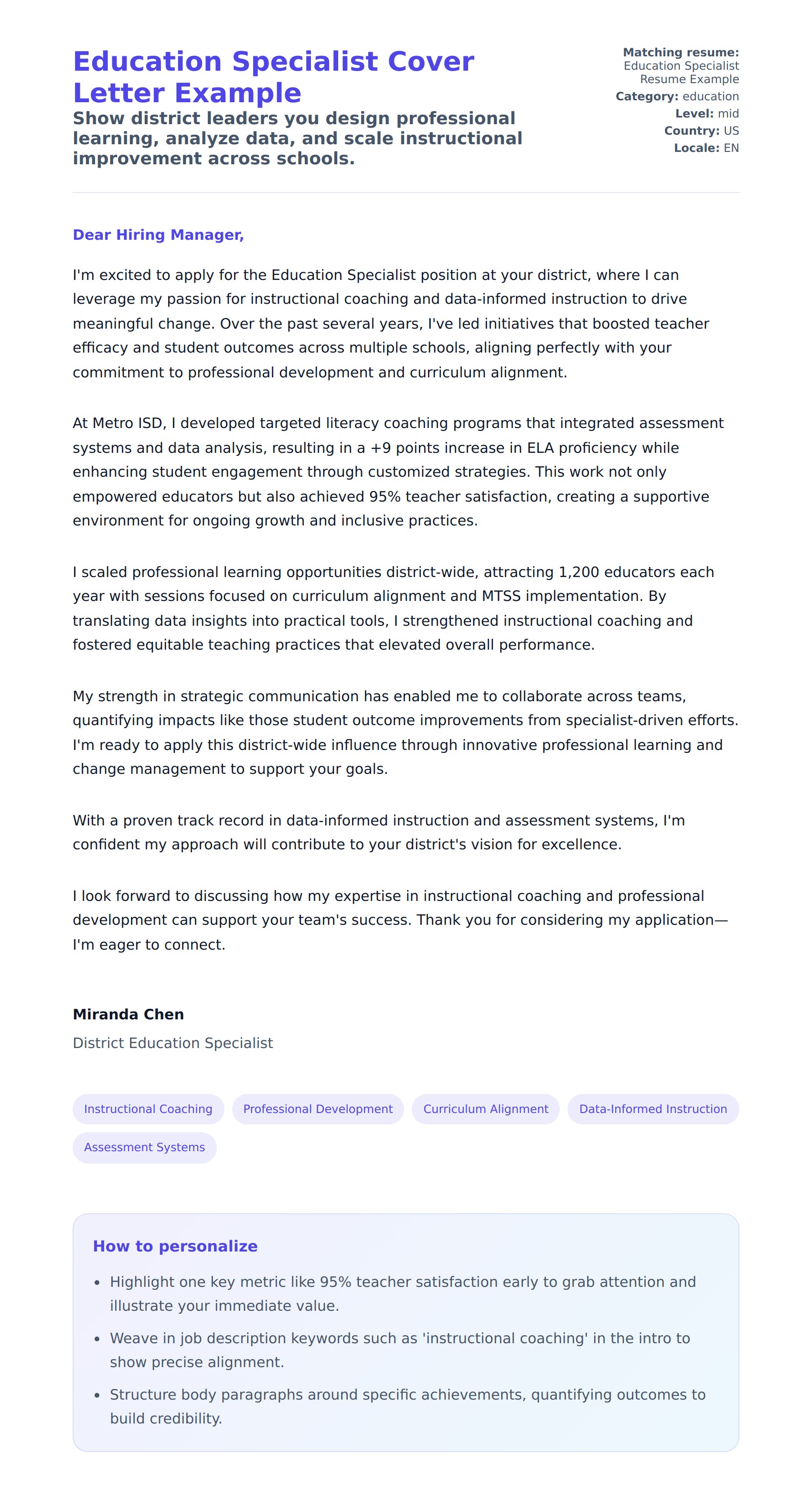 Cover Letter preview for Education Specialist Cover Letter Example