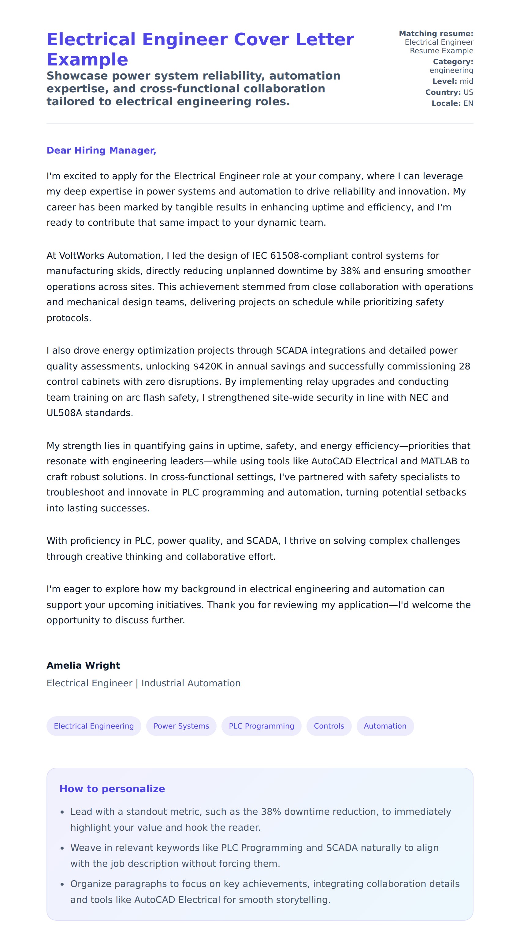 Cover Letter preview for Electrical Engineer Cover Letter Example