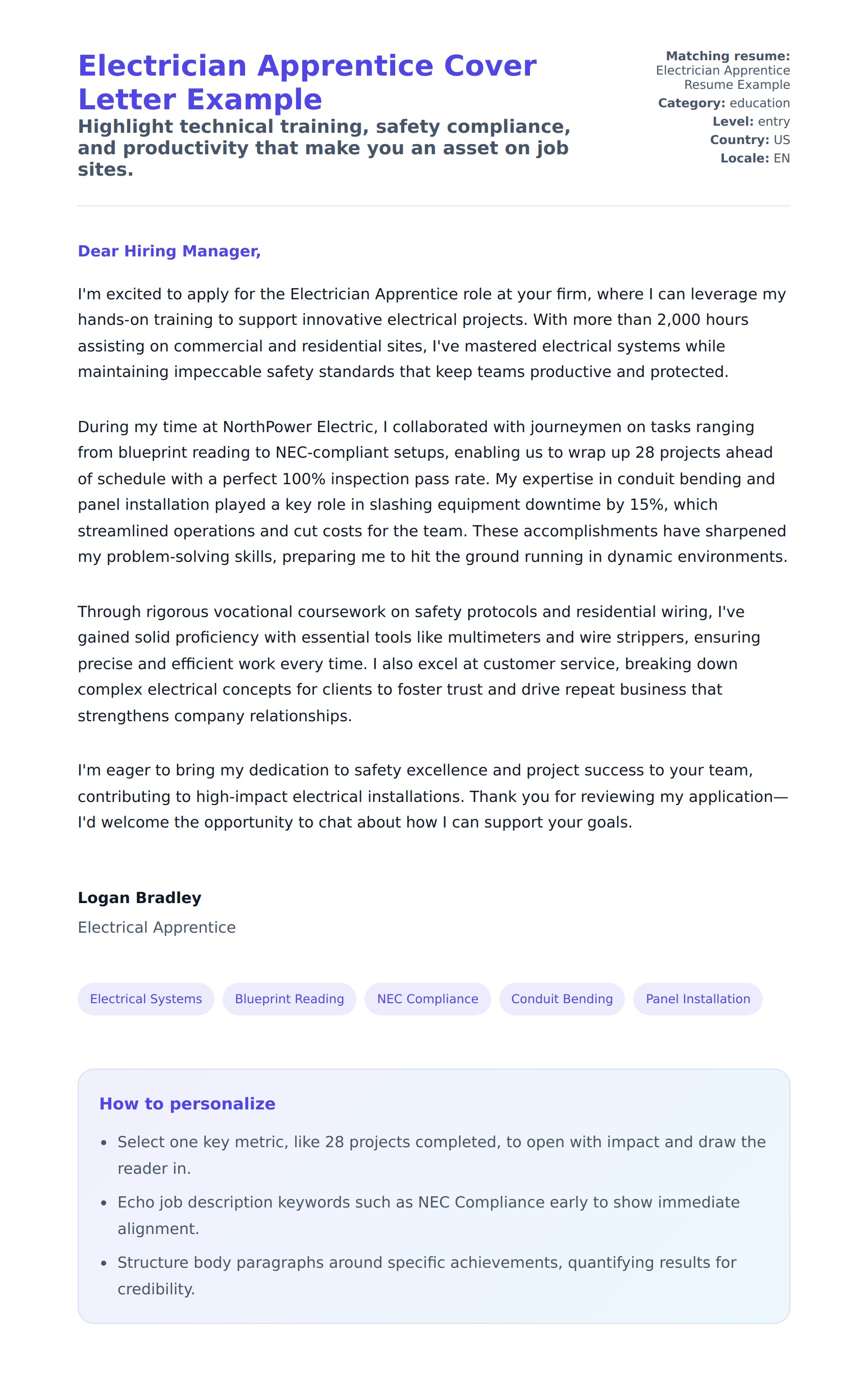 Cover Letter preview for Electrician Apprentice Cover Letter Example