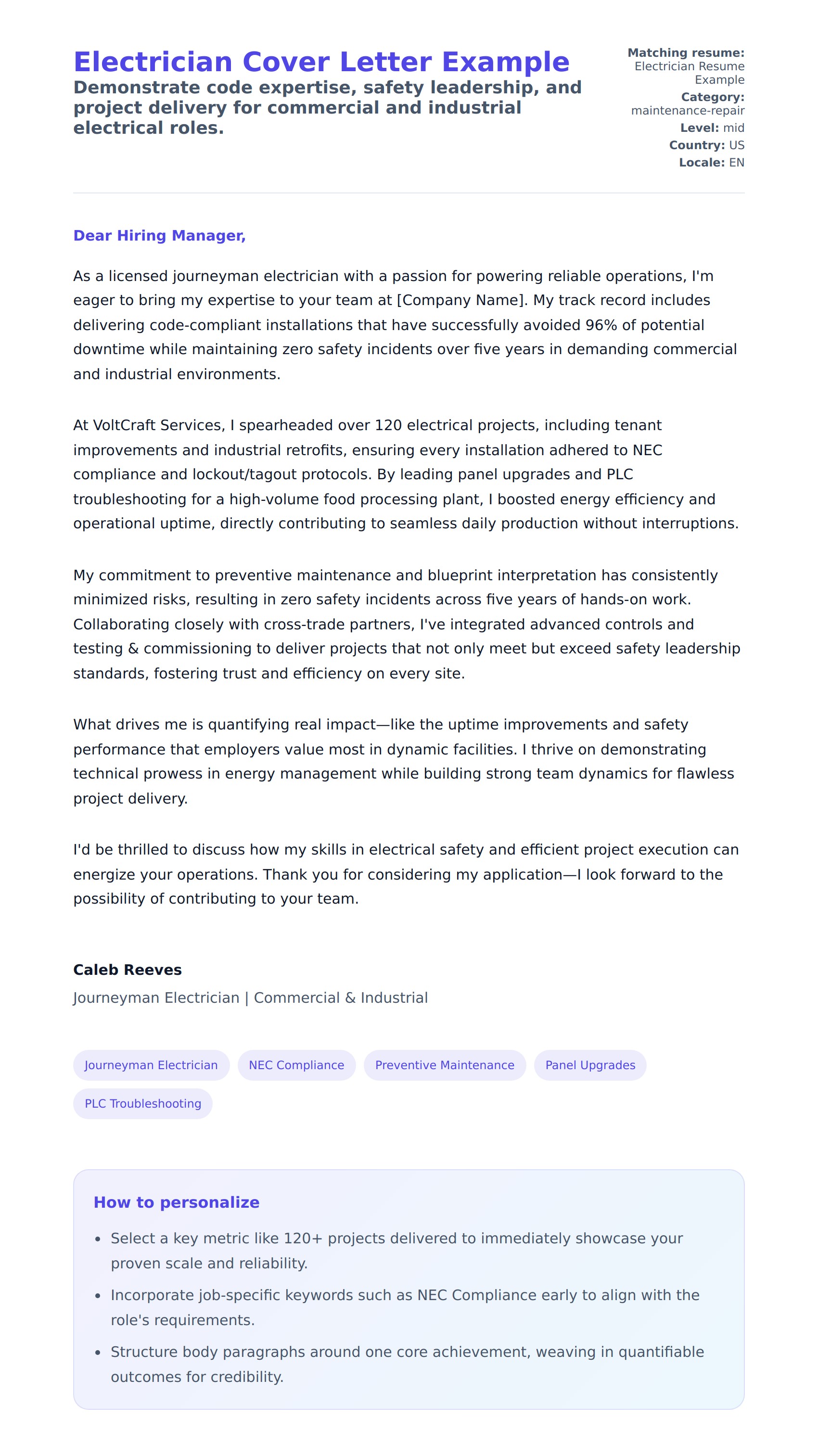 Cover Letter preview for Electrician Cover Letter Example