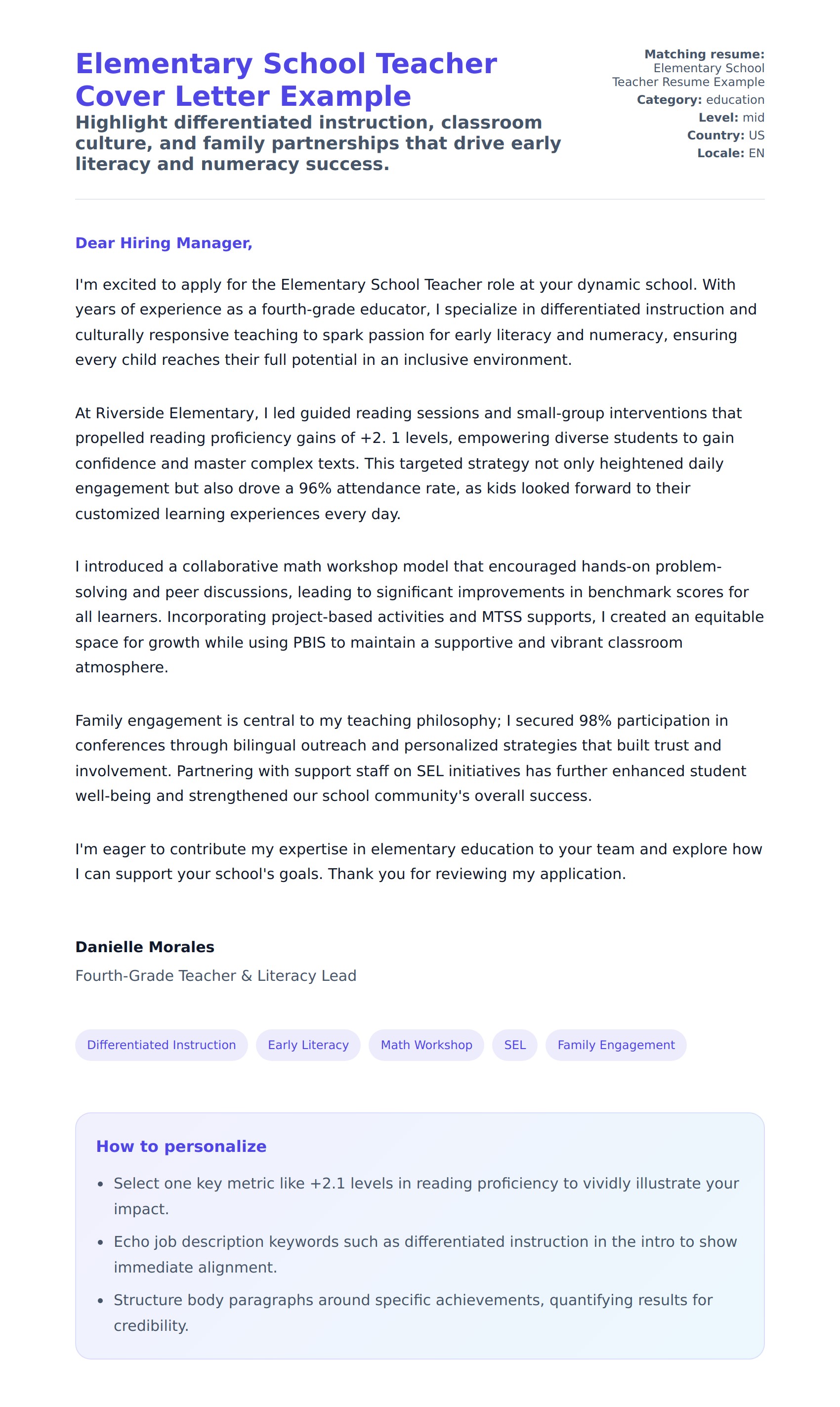 Cover Letter preview for Elementary School Teacher Cover Letter Example