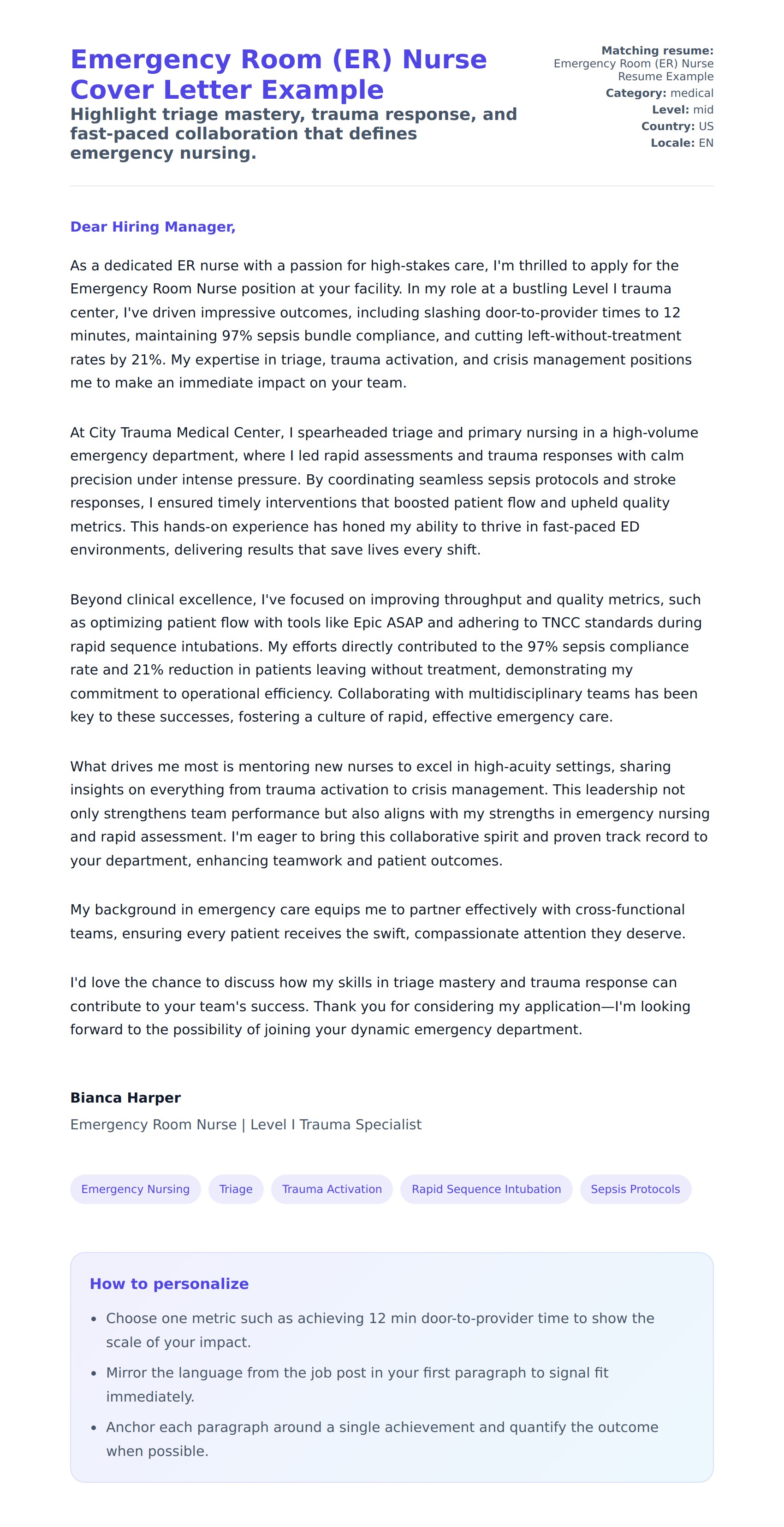 Cover Letter preview for Emergency Room (ER) Nurse Cover Letter Example