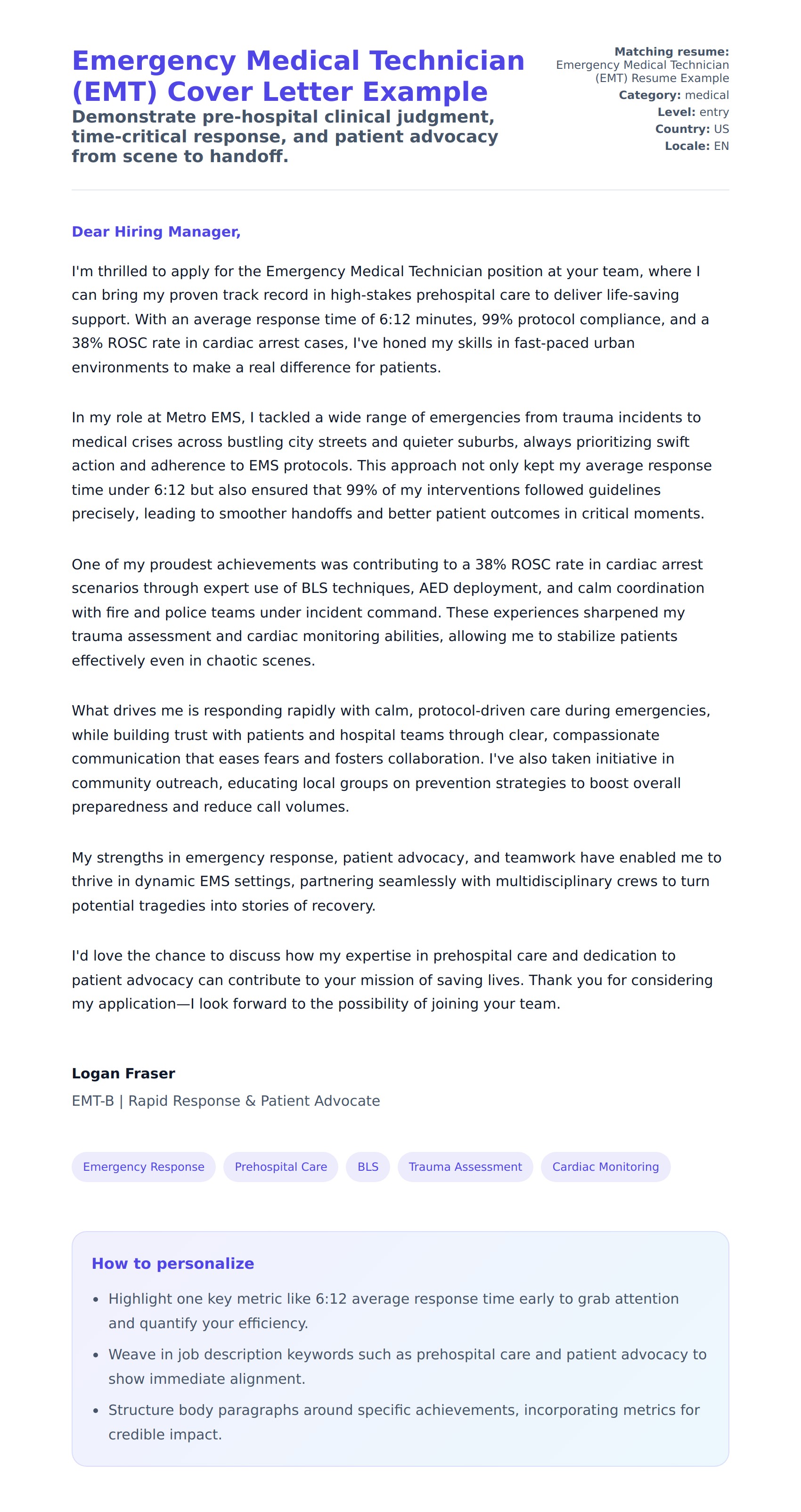 Cover Letter preview for Emergency Medical Technician (EMT) Cover Letter Example