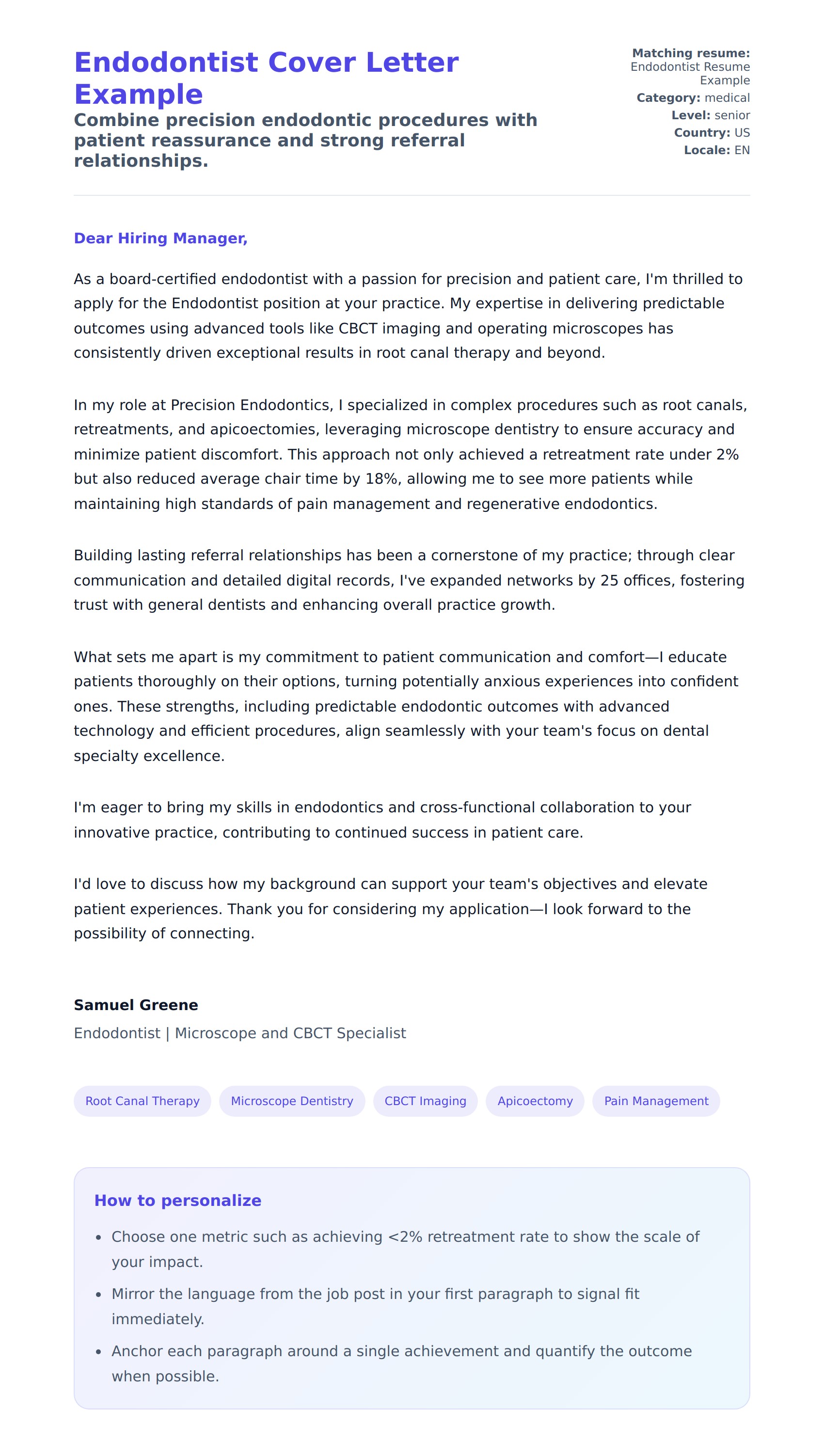 Cover Letter preview for Endodontist Cover Letter Example