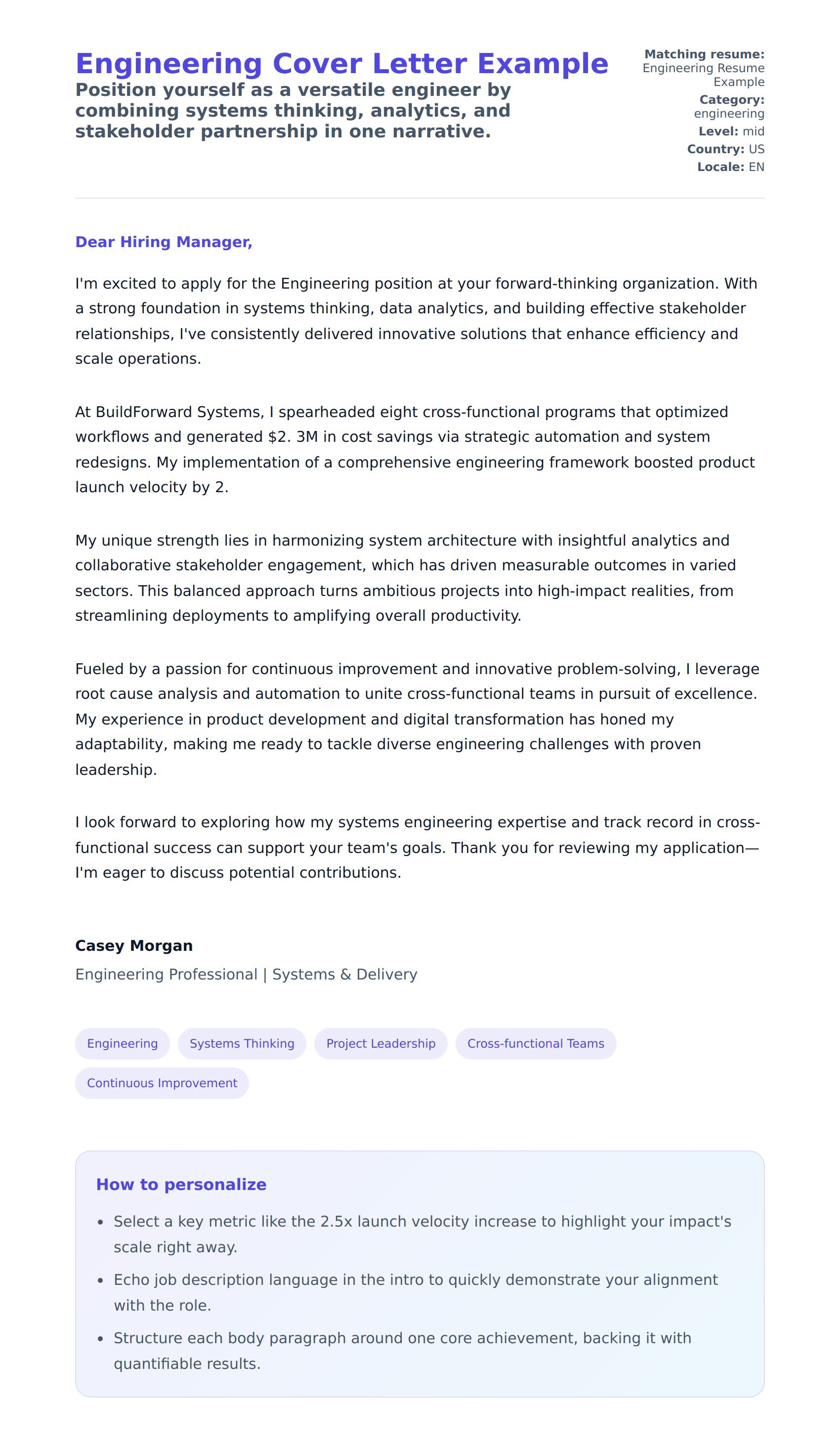 Cover Letter preview for Engineering Cover Letter Example