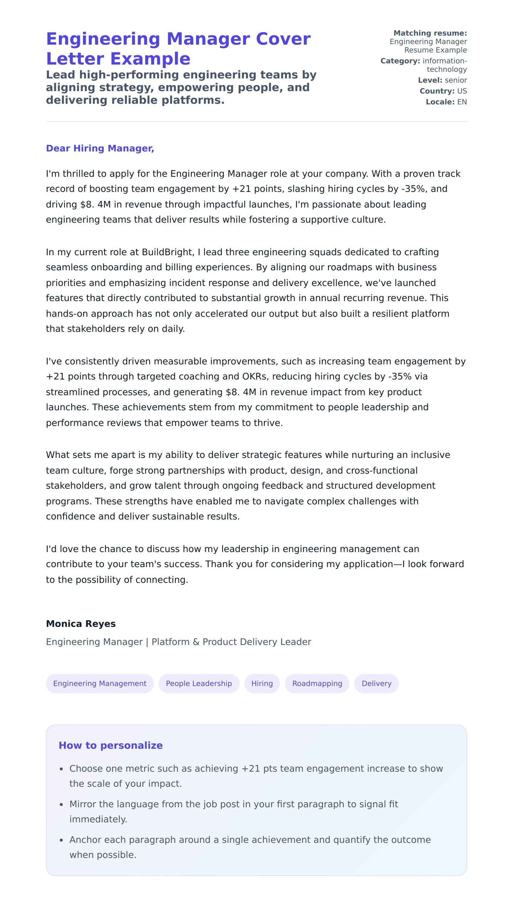 Cover Letter preview for Engineering Manager Cover Letter Example