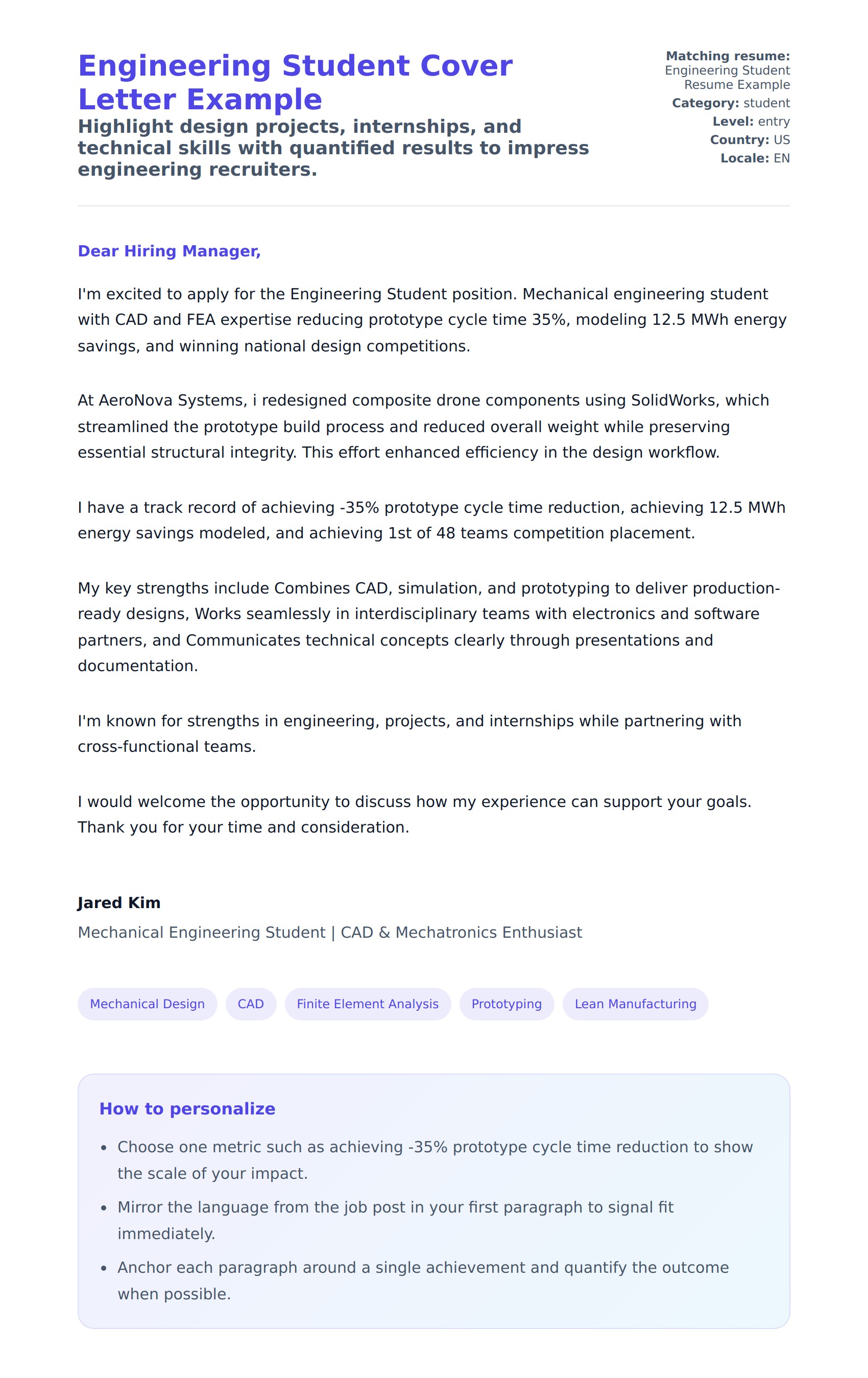 Cover Letter preview for Engineering Student Cover Letter Example