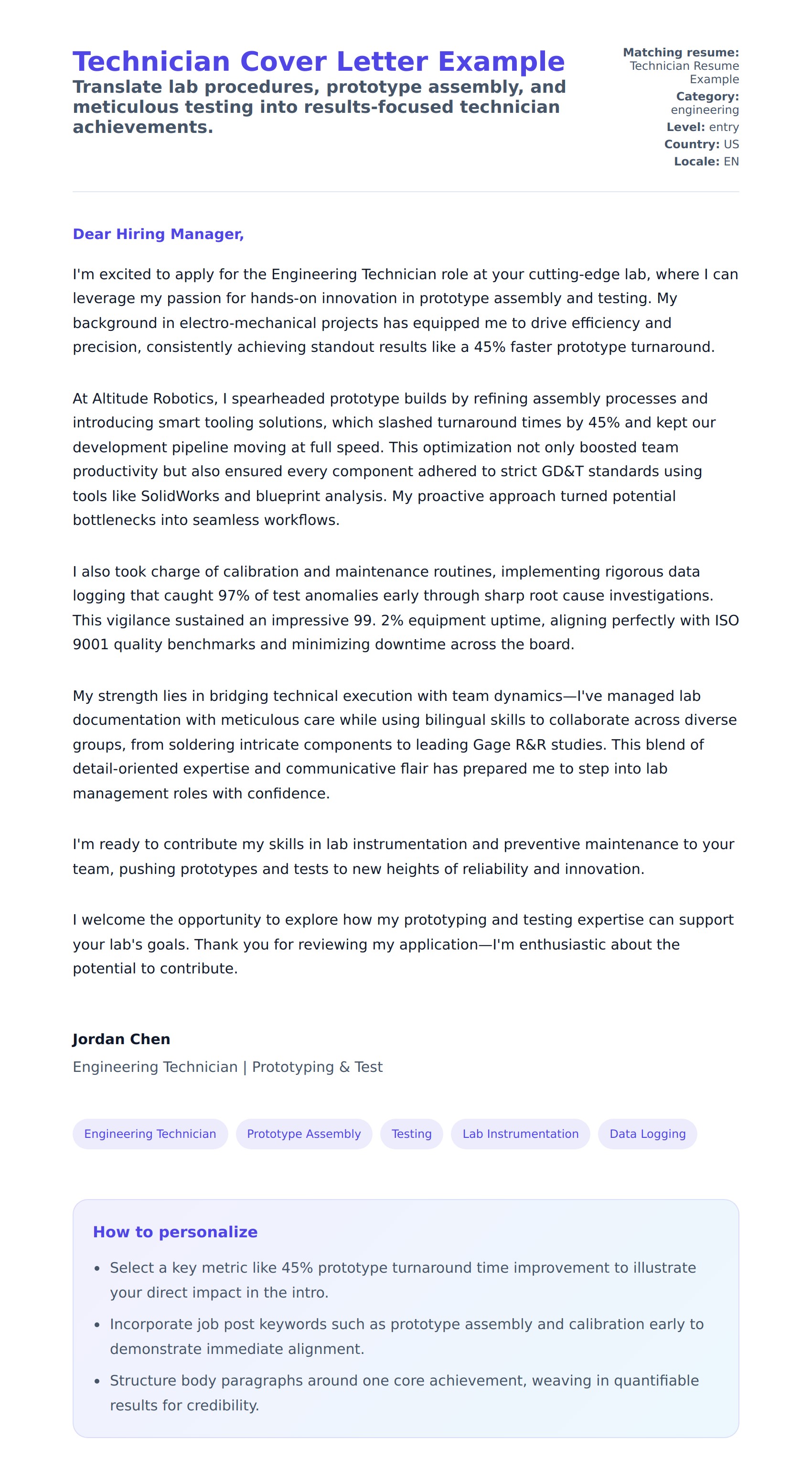 Cover Letter preview for Technician Cover Letter Example