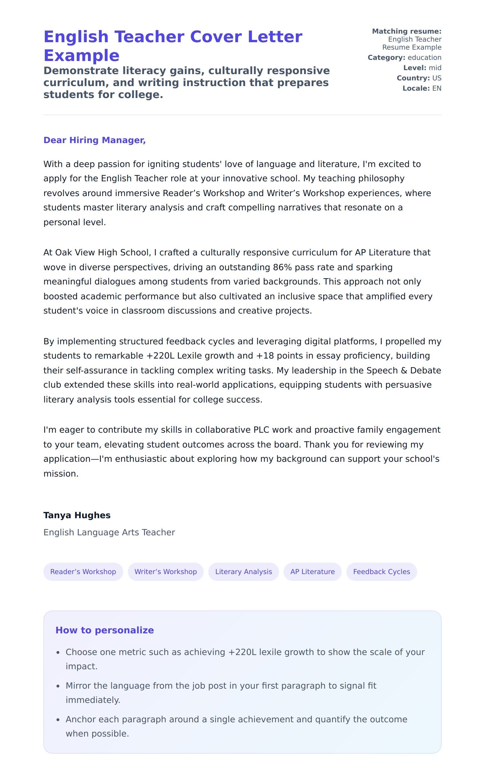Cover Letter preview for English Teacher Cover Letter Example