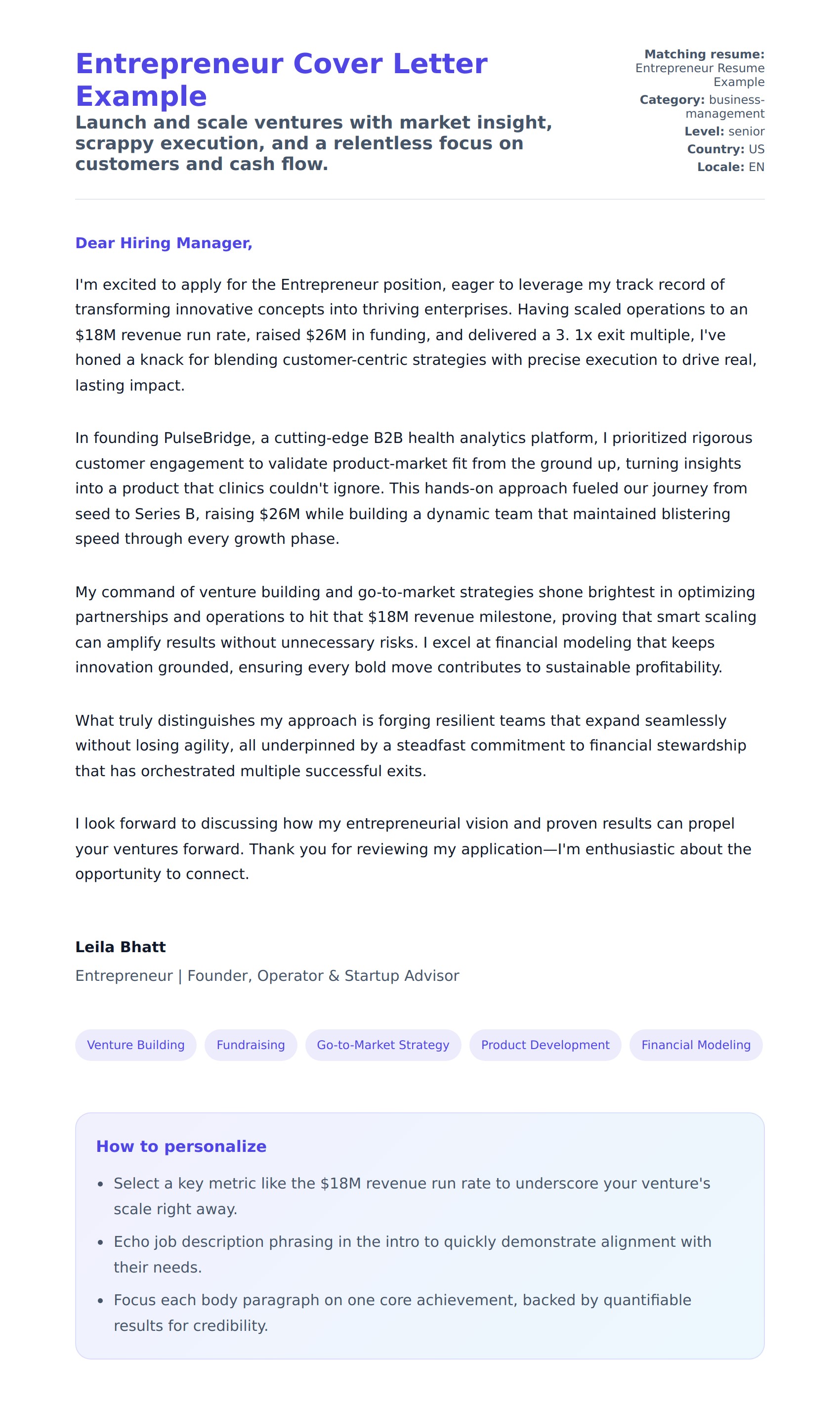 Cover Letter preview for Entrepreneur Cover Letter Example