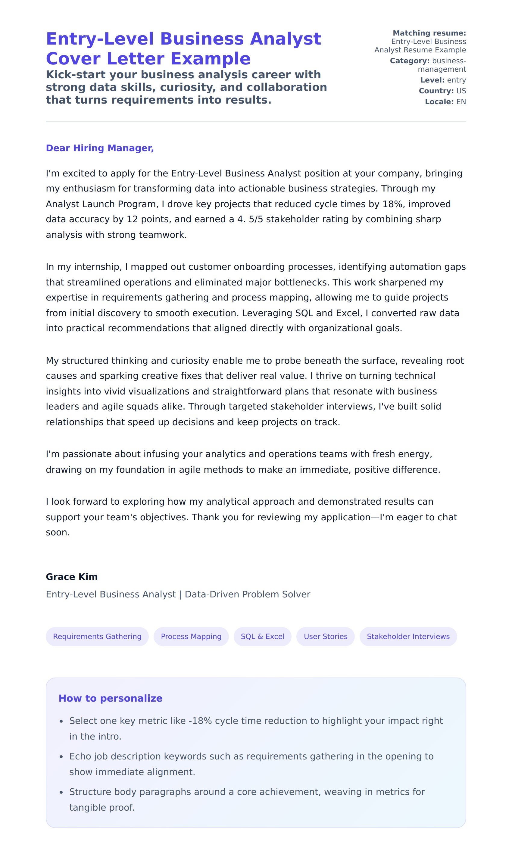 Cover Letter preview for Entry-Level Business Analyst Cover Letter Example