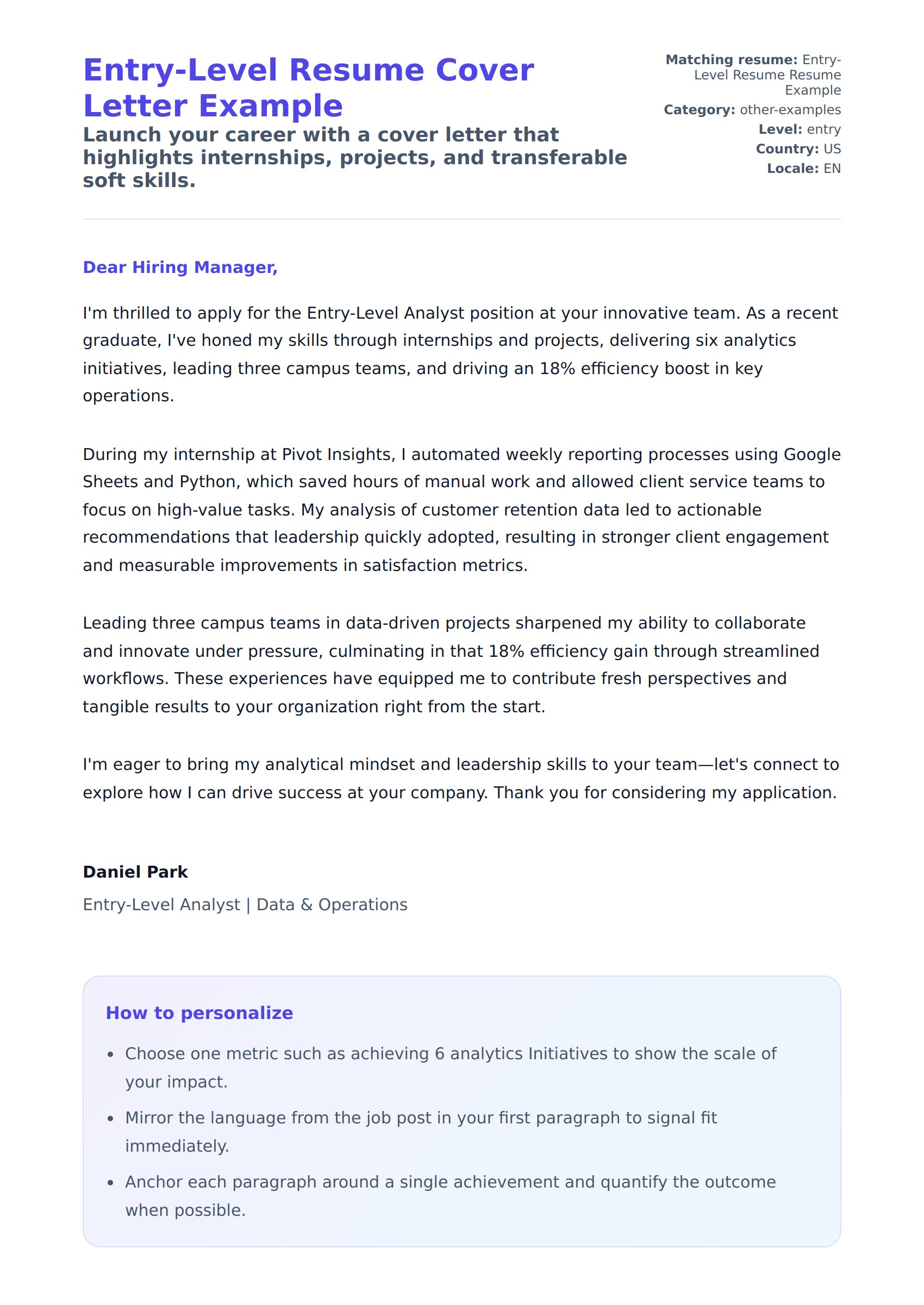 Cover Letter preview for Entry-Level Resume Cover Letter Example