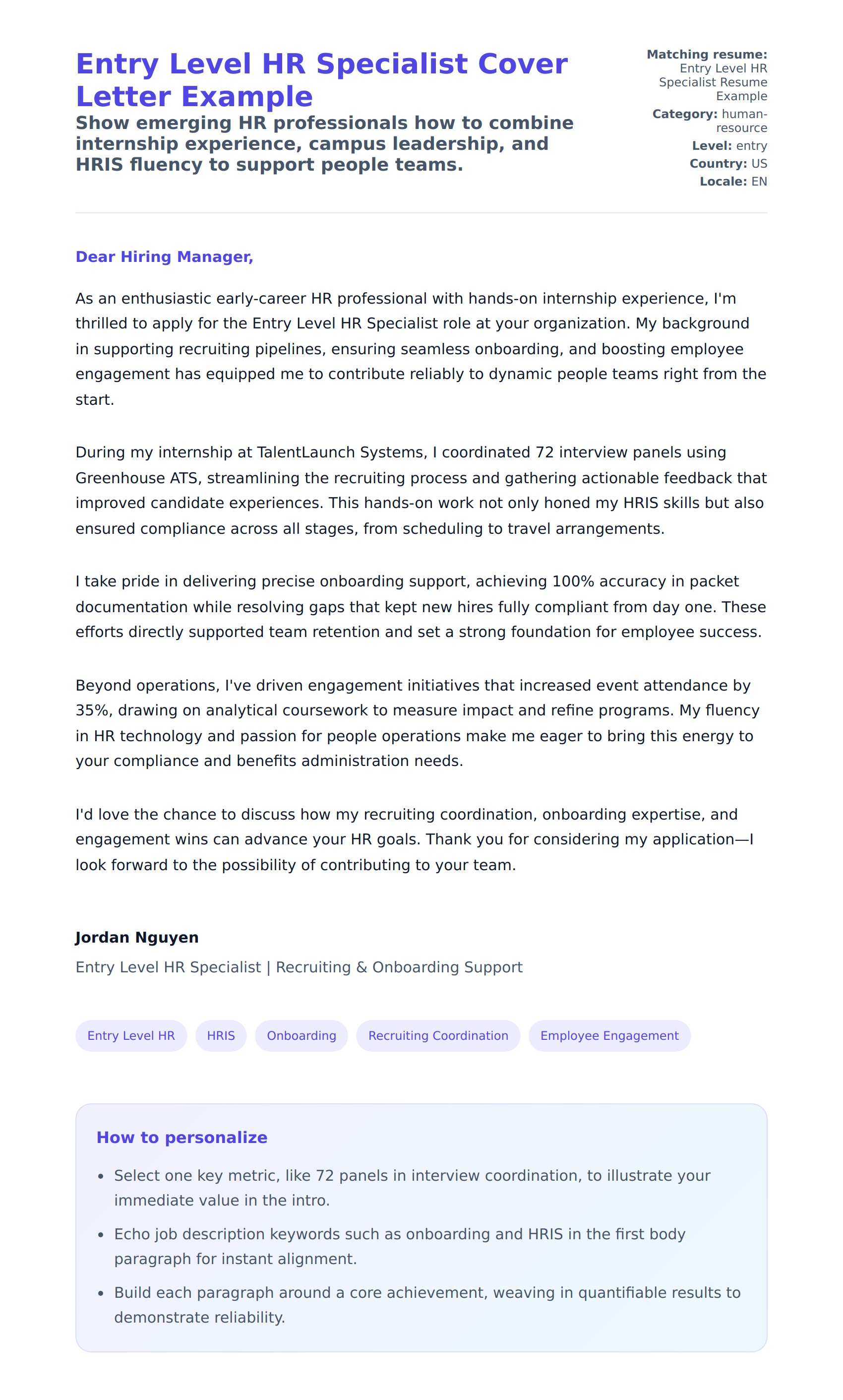 Cover Letter preview for Entry Level HR Specialist Cover Letter Example