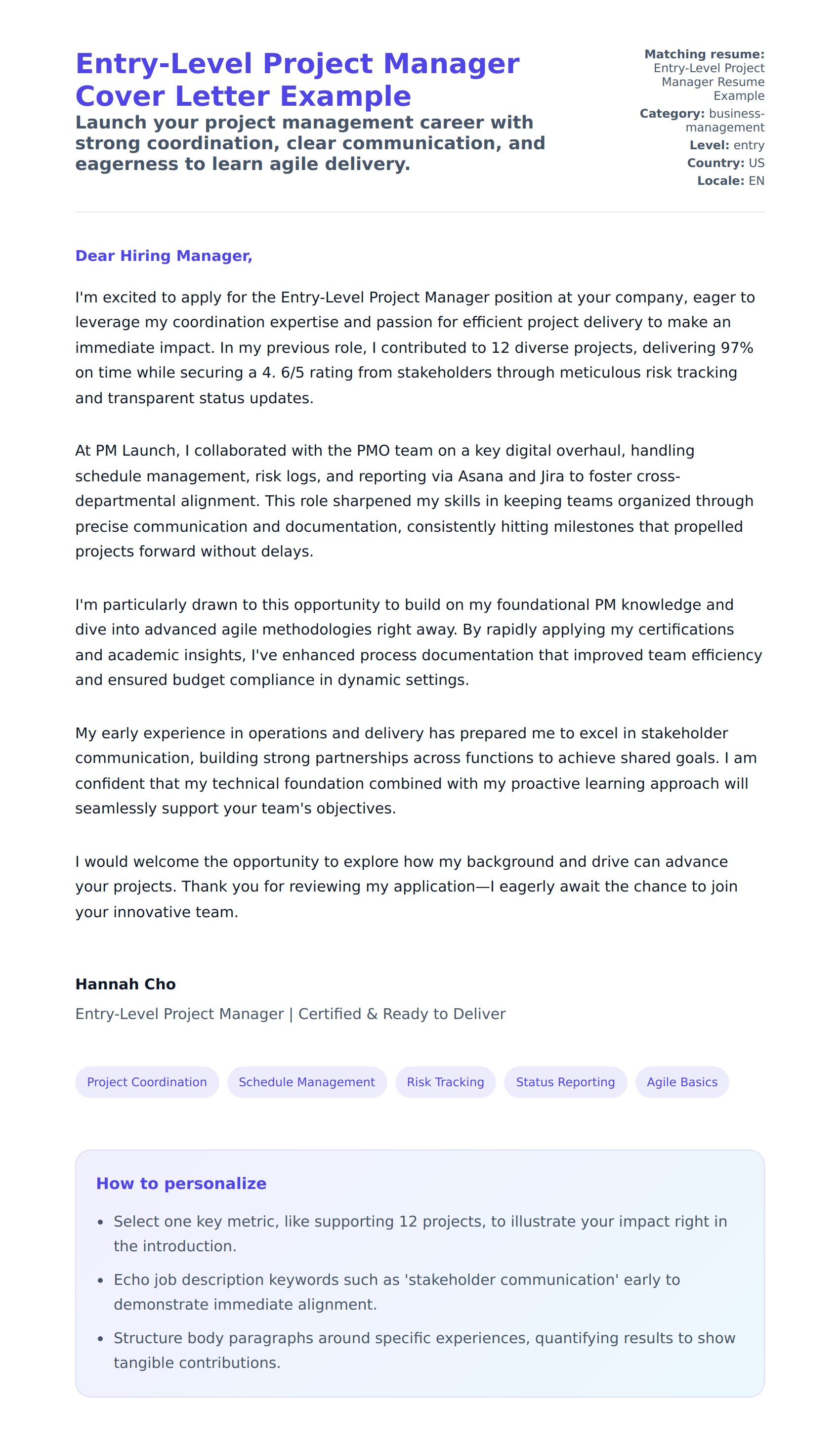 Cover Letter preview for Entry-Level Project Manager Cover Letter Example