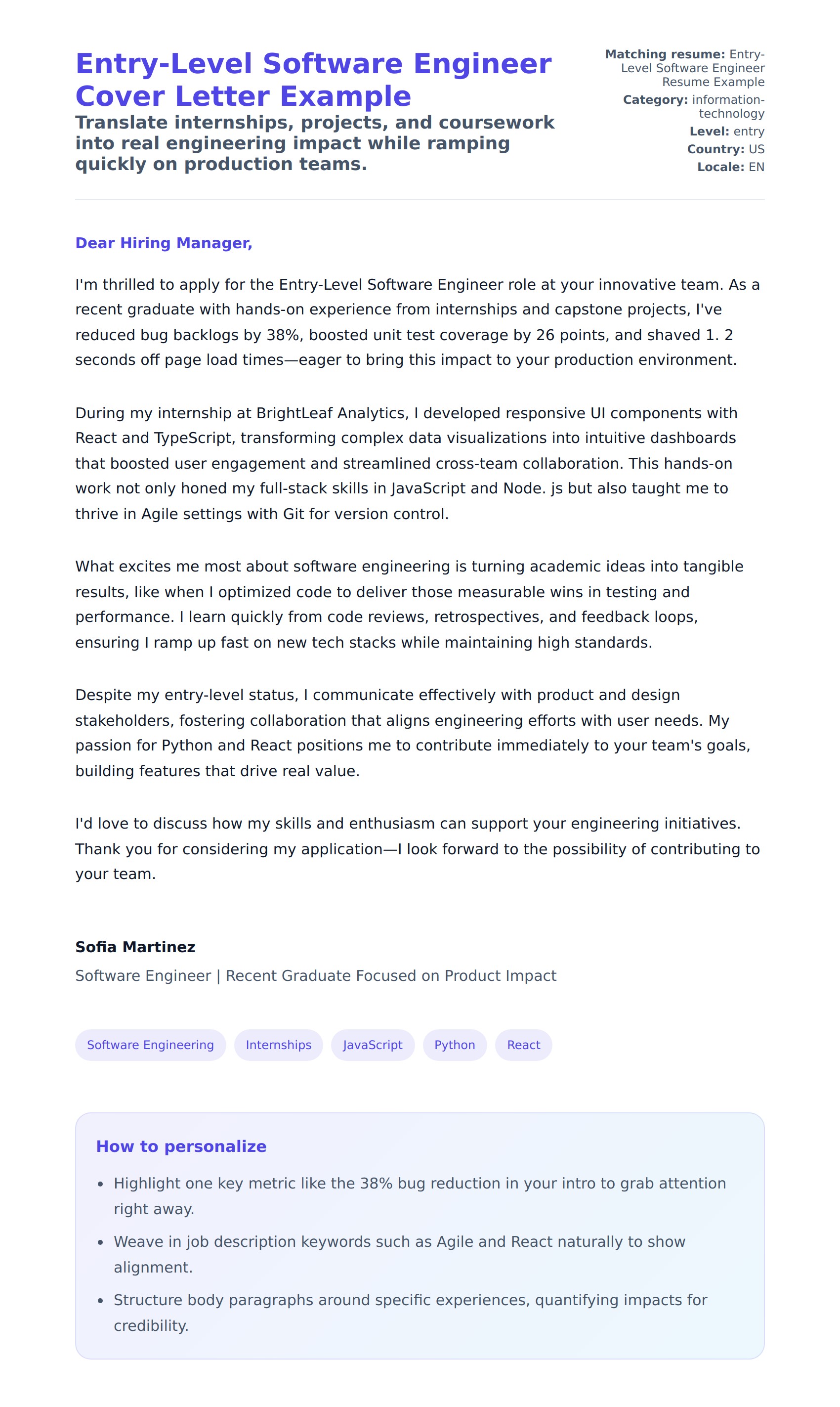 Cover Letter preview for Entry-Level Software Engineer Cover Letter Example