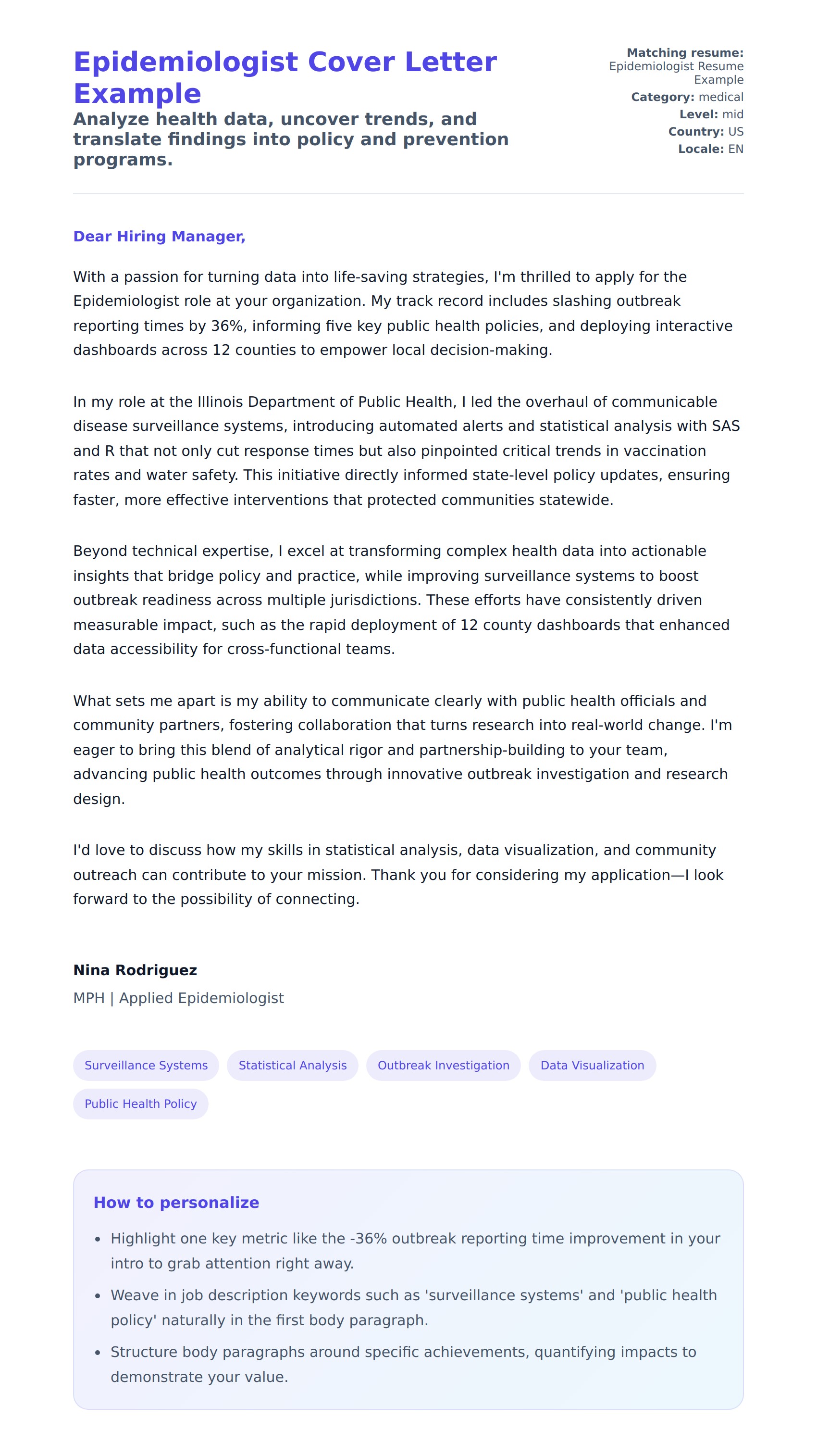 Cover Letter preview for Epidemiologist Cover Letter Example