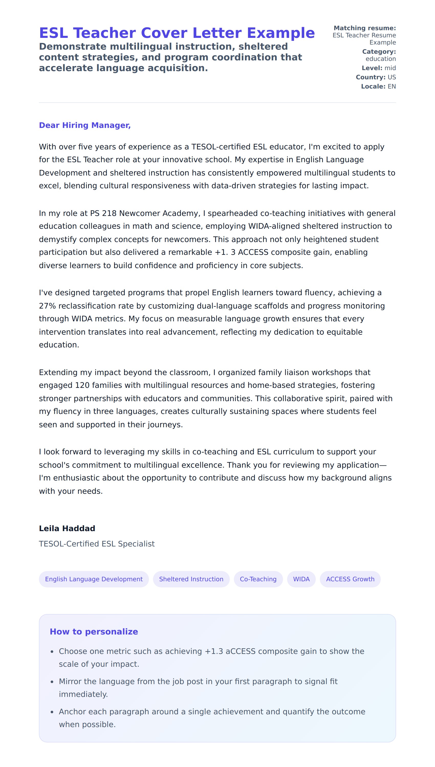 Cover Letter preview for ESL Teacher Cover Letter Example