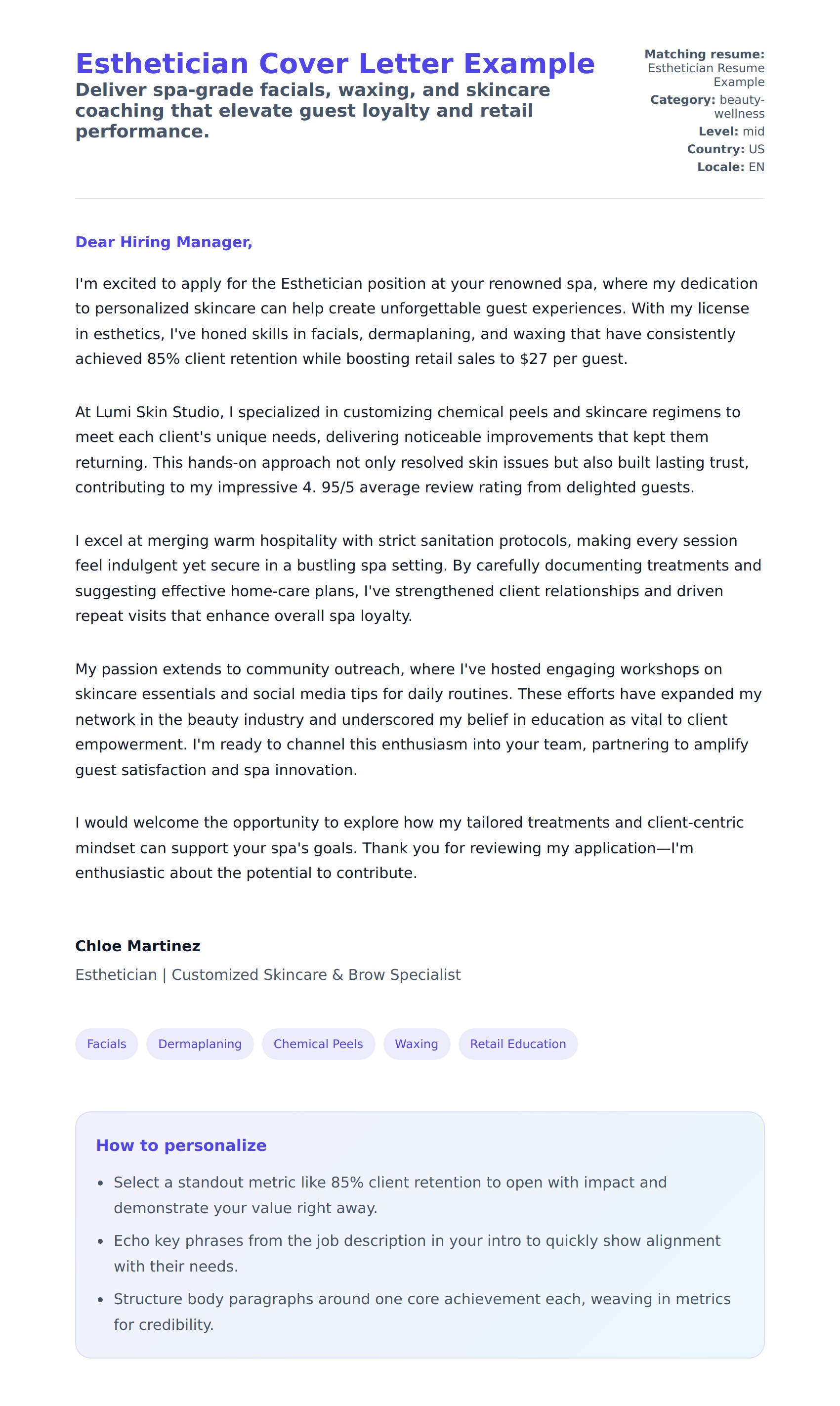 Cover Letter preview for Esthetician Cover Letter Example