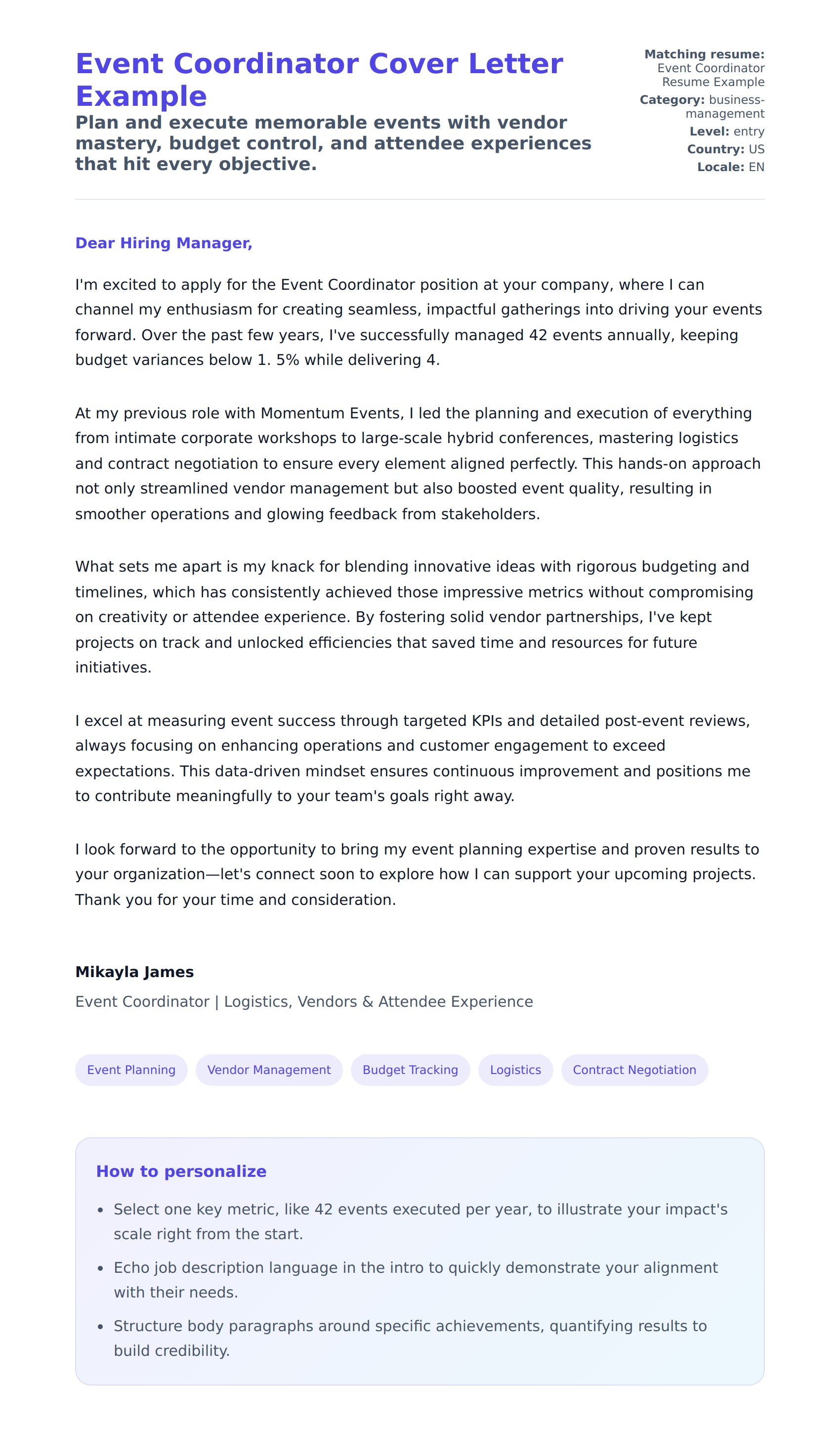Cover Letter preview for Event Coordinator Cover Letter Example
