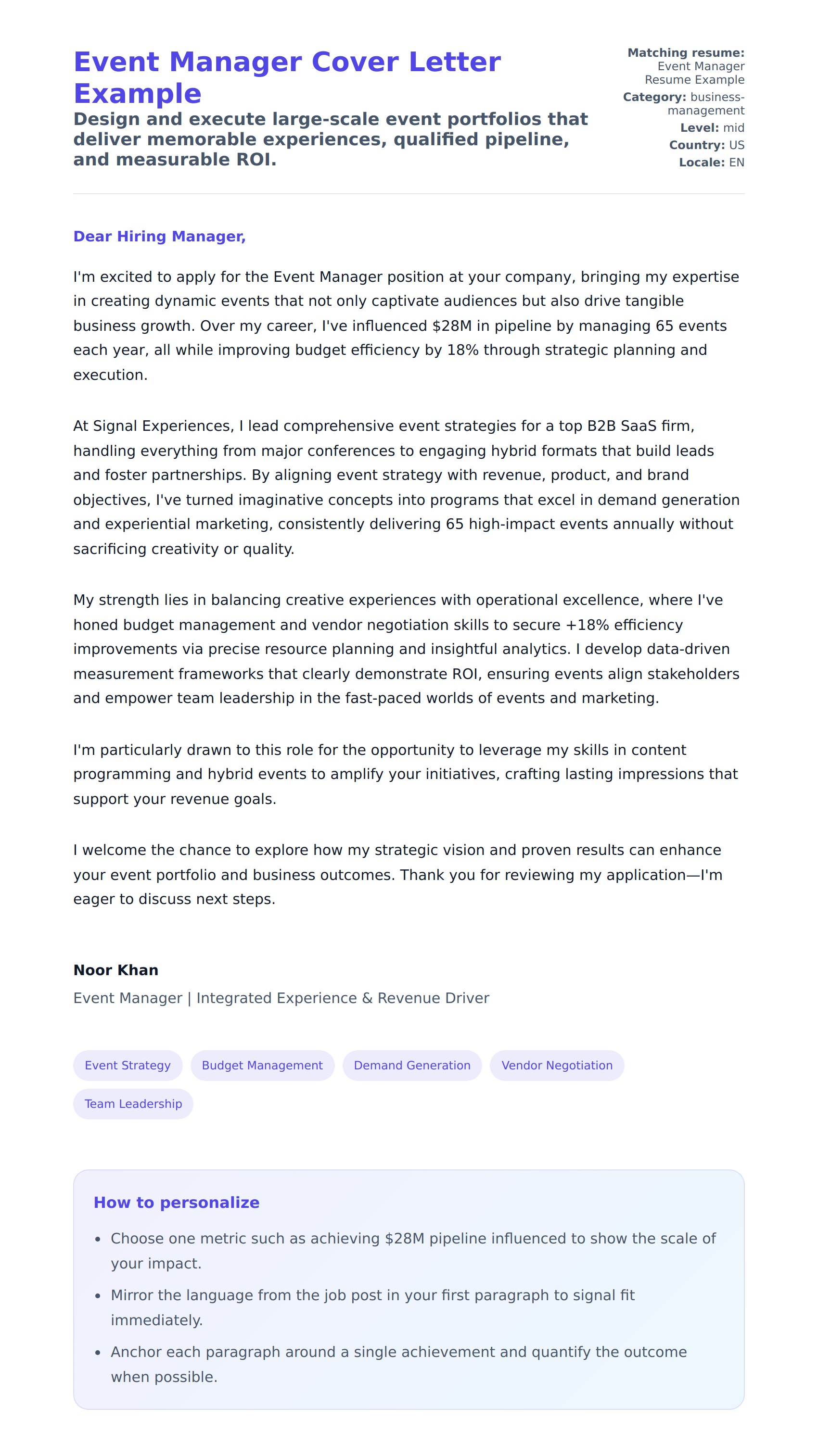 Cover Letter preview for Event Manager Cover Letter Example