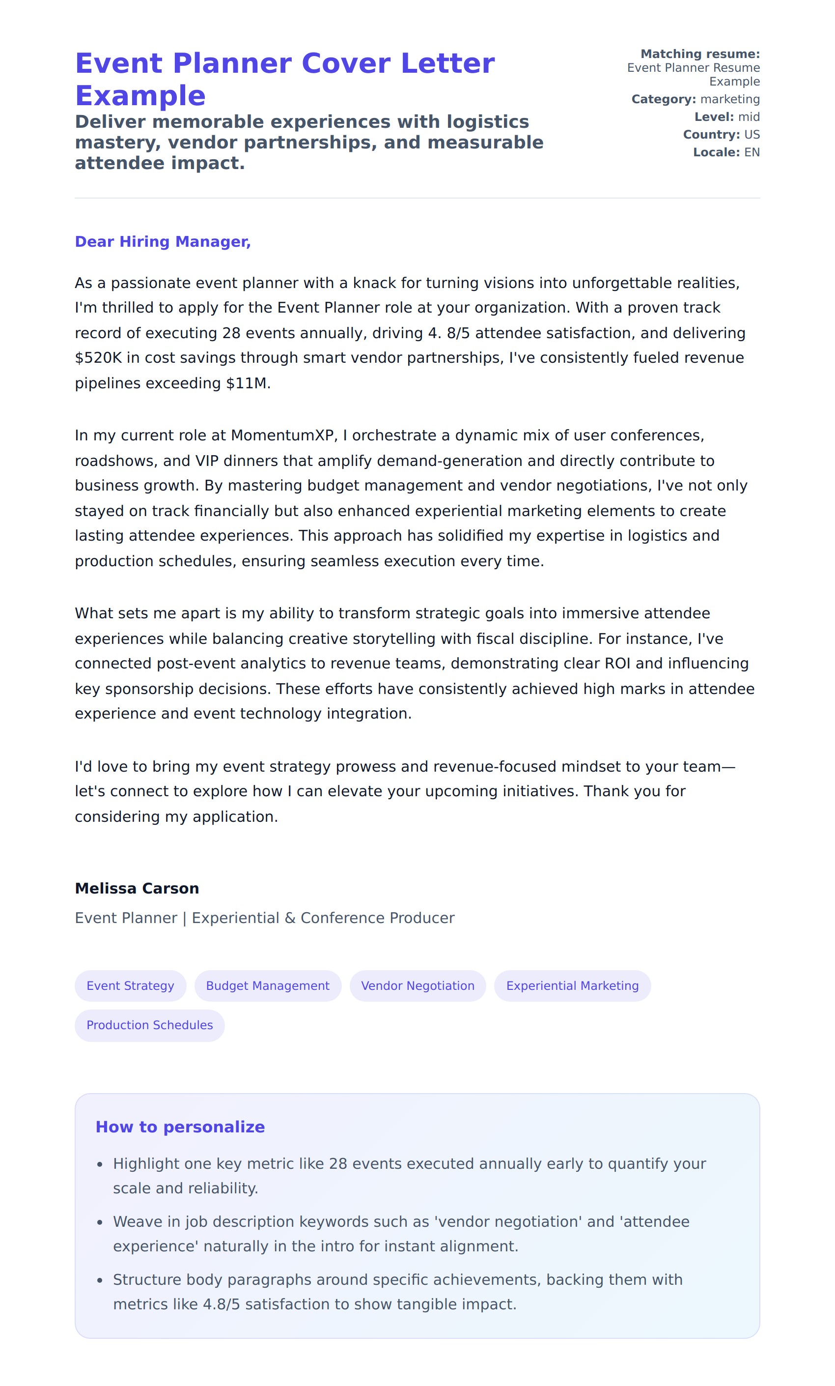 Cover Letter preview for Event Planner Cover Letter Example