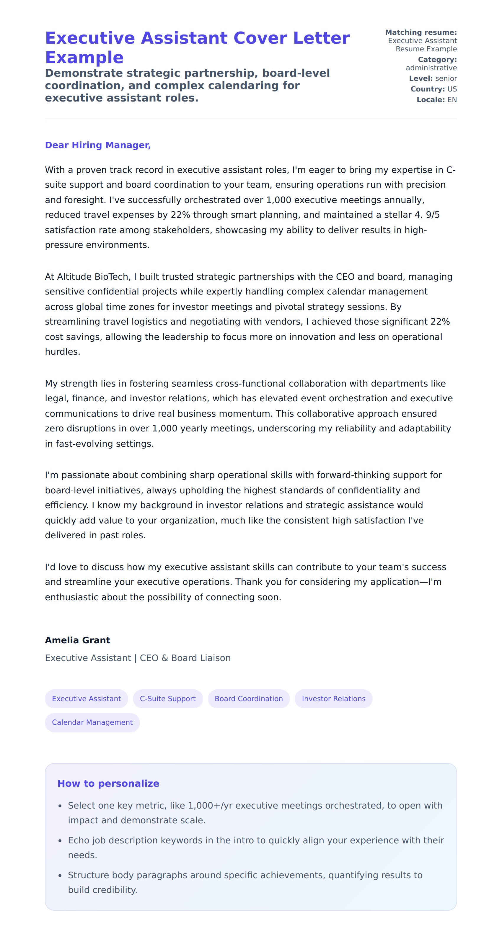Cover Letter preview for Executive Assistant Cover Letter Example