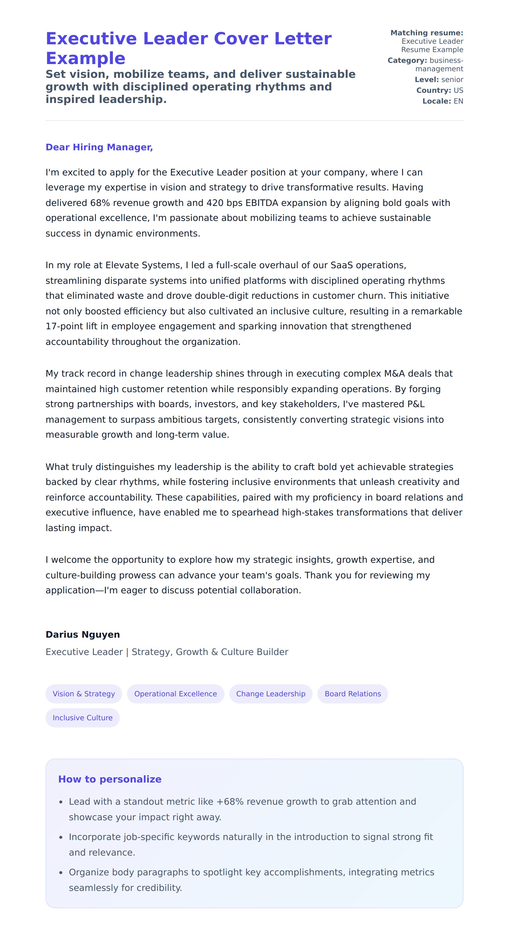Cover Letter preview for Executive Leader Cover Letter Example