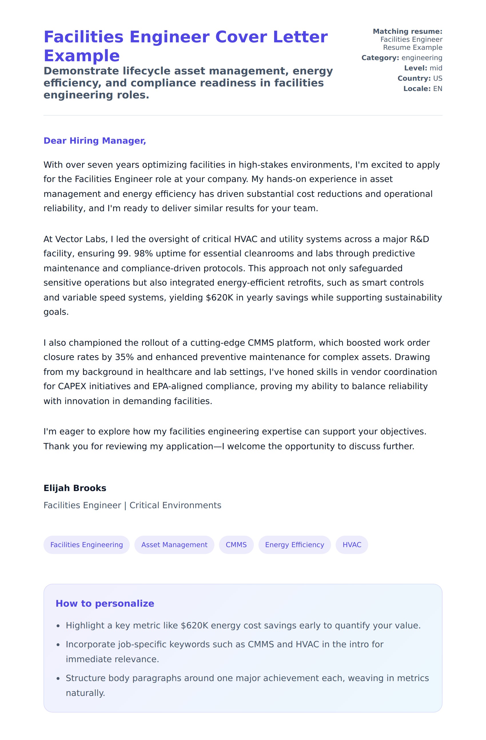Cover Letter preview for Facilities Engineer Cover Letter Example
