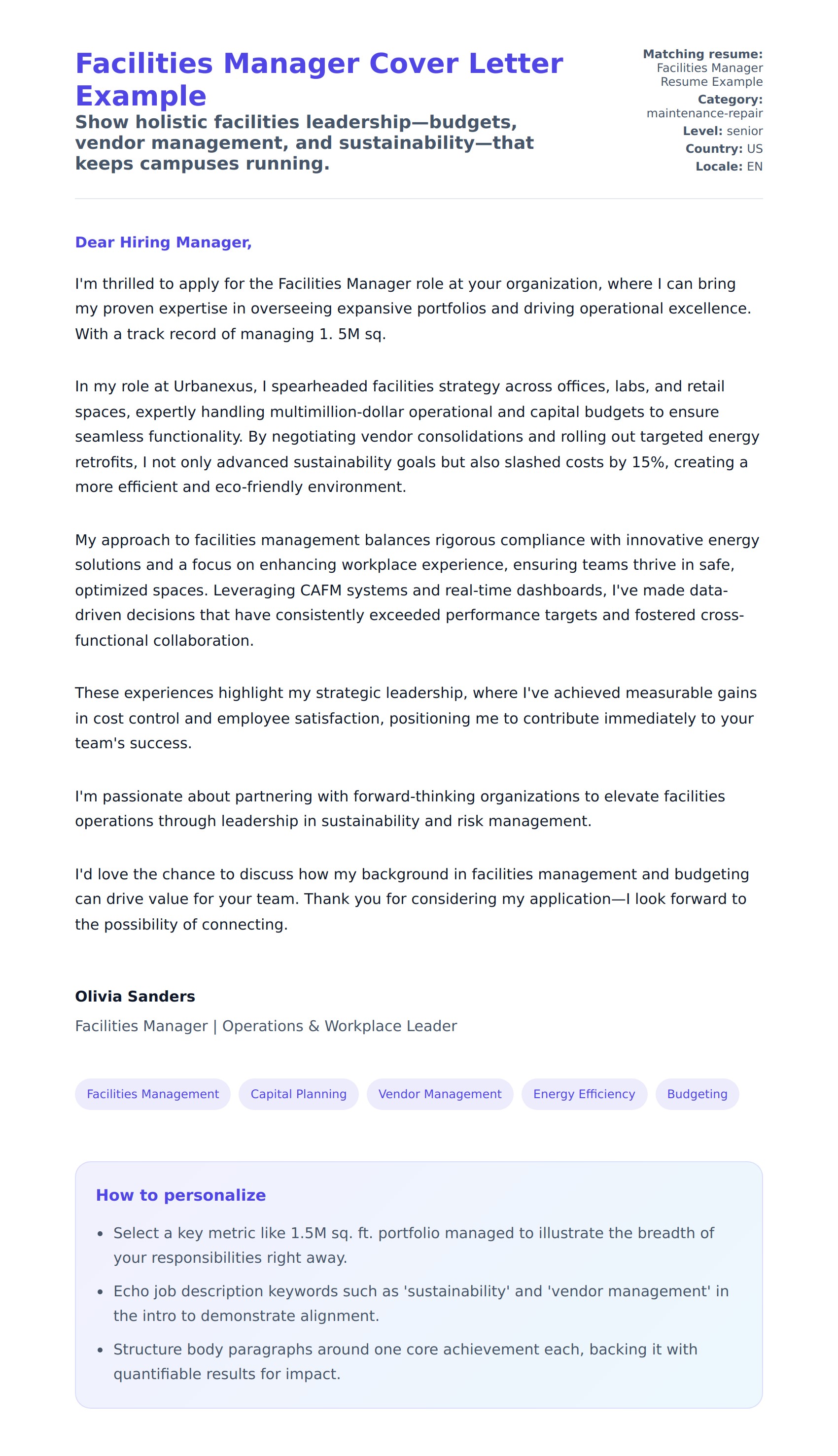 Cover Letter preview for Facilities Manager Cover Letter Example