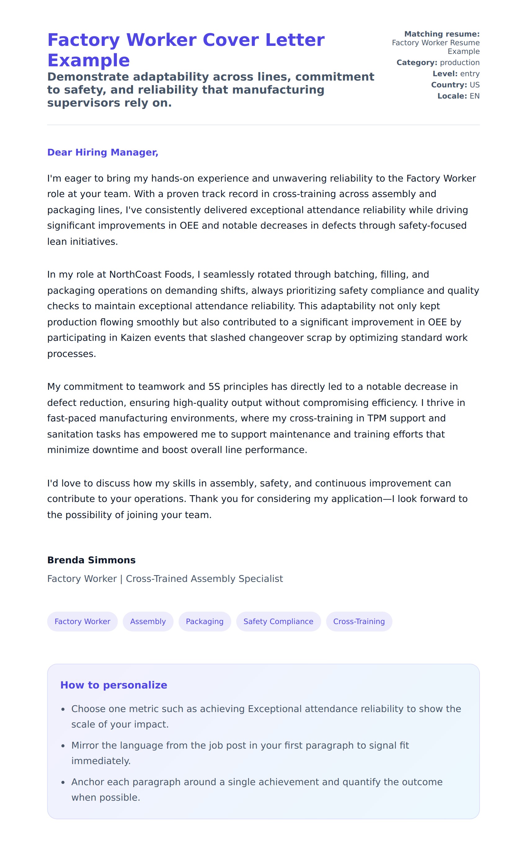 Cover Letter preview for Factory Worker Cover Letter Example