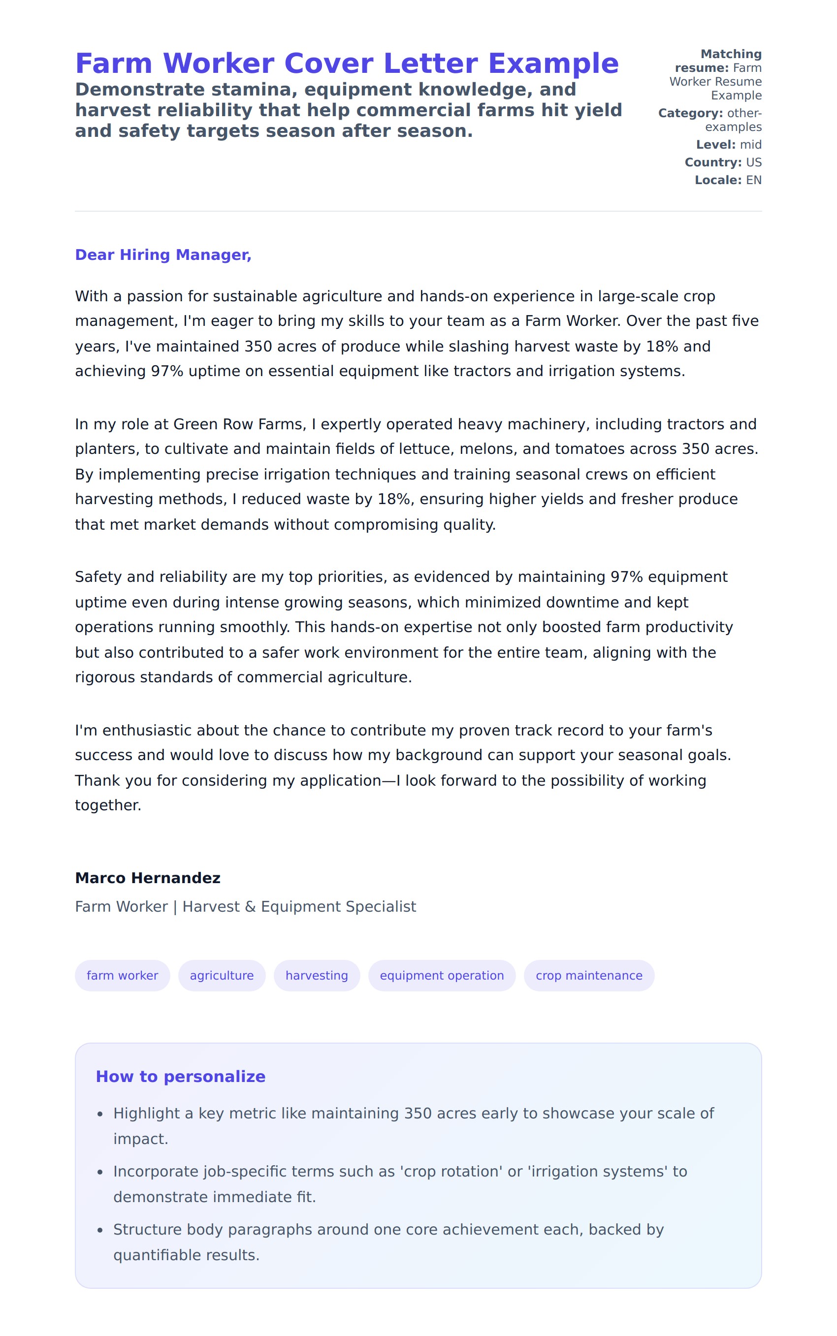 Cover Letter preview for Farm Worker Cover Letter Example