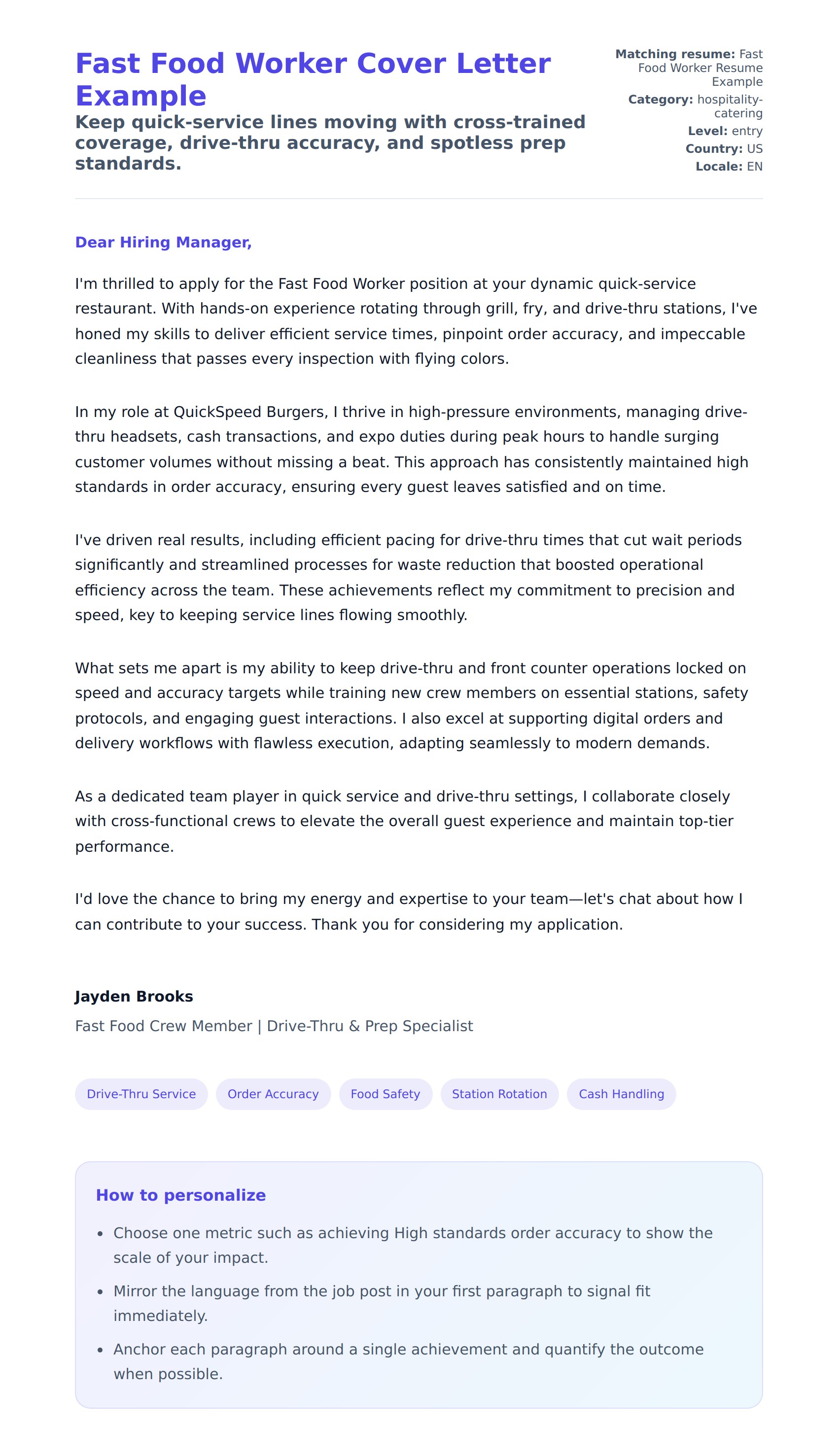 Cover Letter preview for Fast Food Worker Cover Letter Example