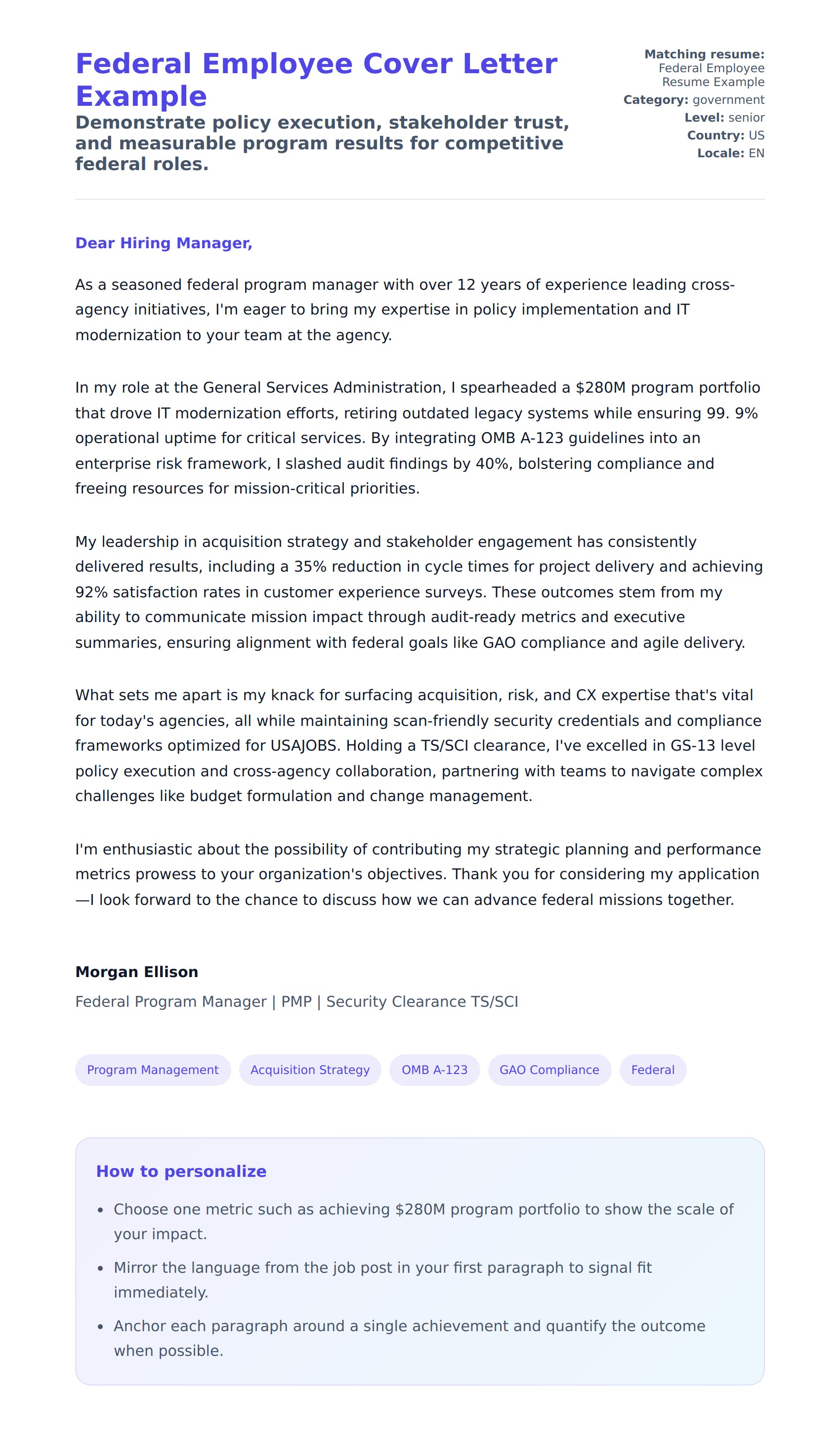 Cover Letter preview for Federal Employee Cover Letter Example