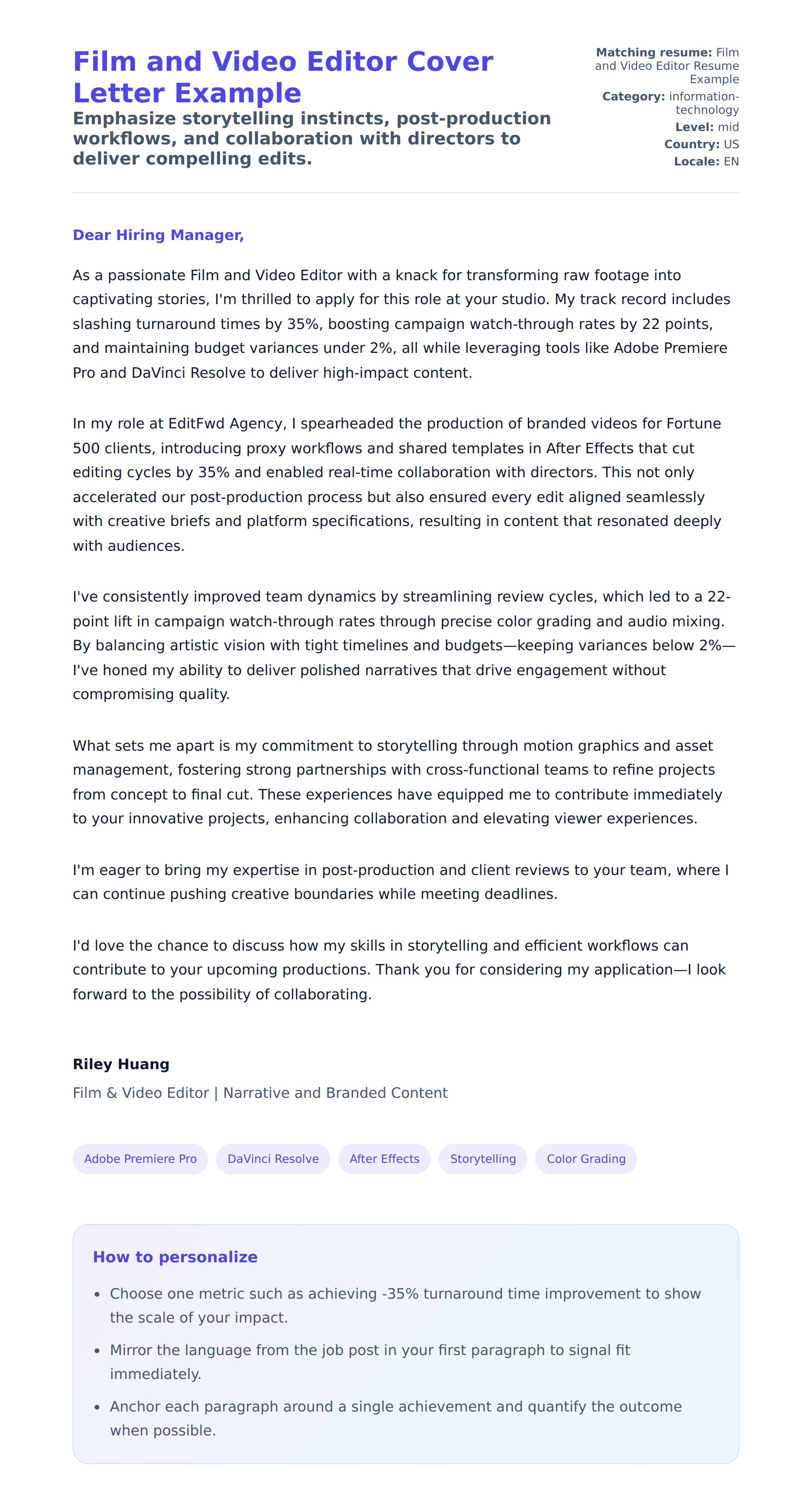 Cover Letter preview for Film and Video Editor Cover Letter Example