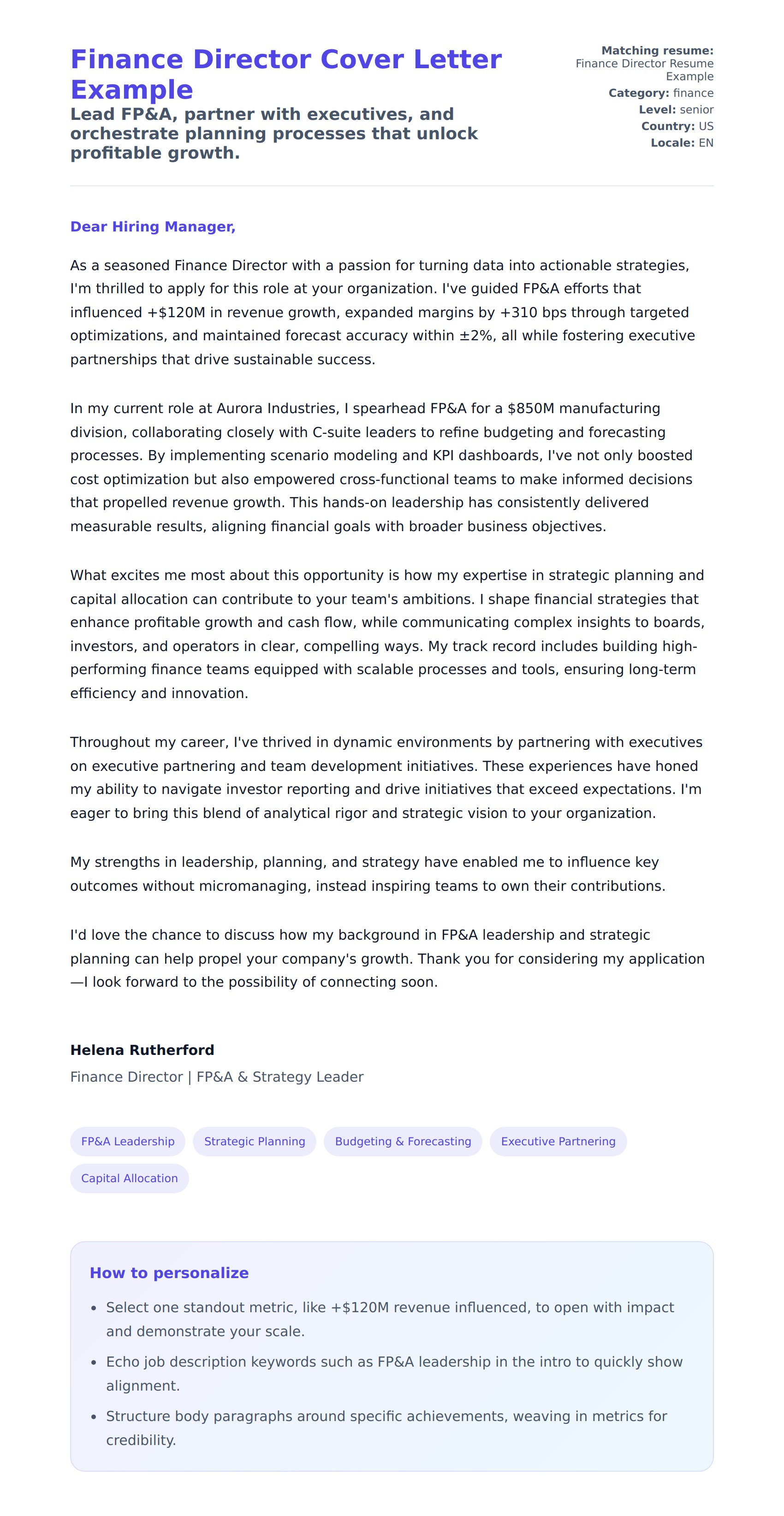 Cover Letter preview for Finance Director Cover Letter Example