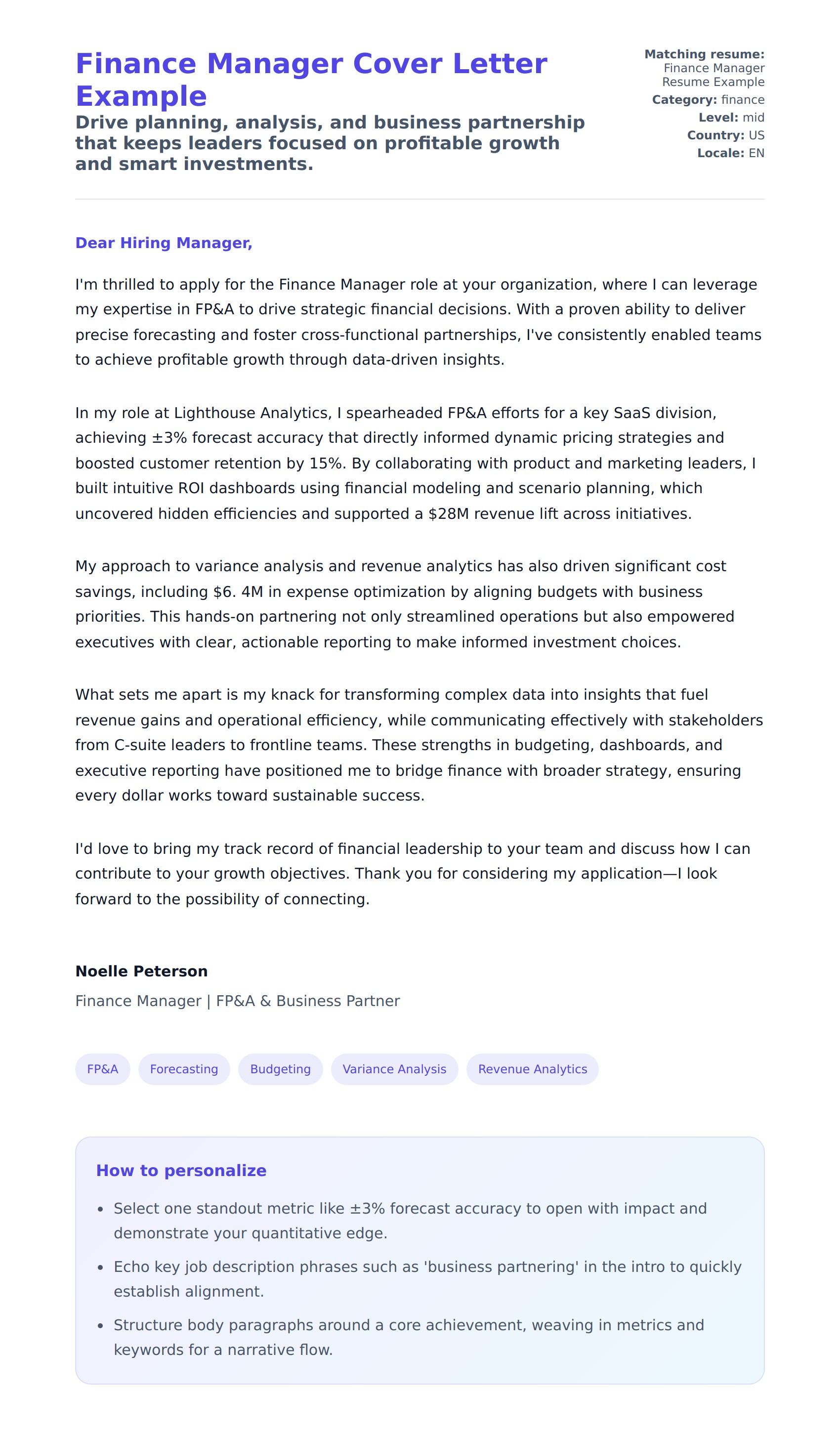 Cover Letter preview for Finance Manager Cover Letter Example