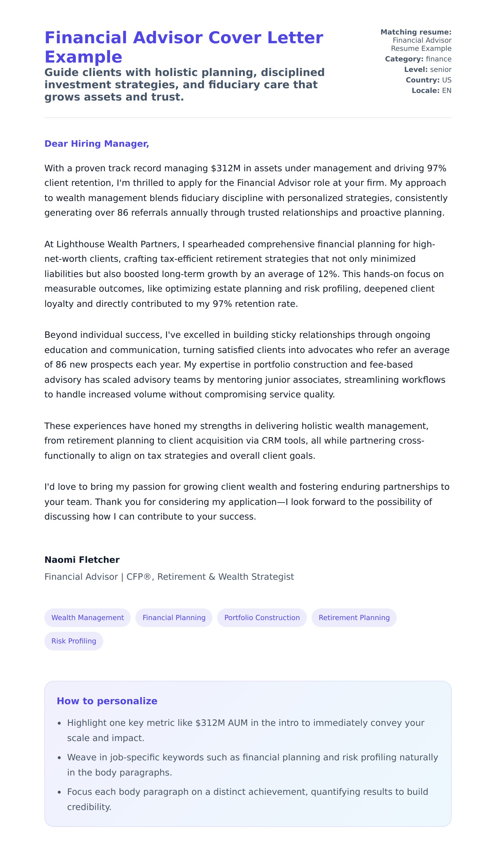 Cover Letter preview for Financial Advisor Cover Letter Example