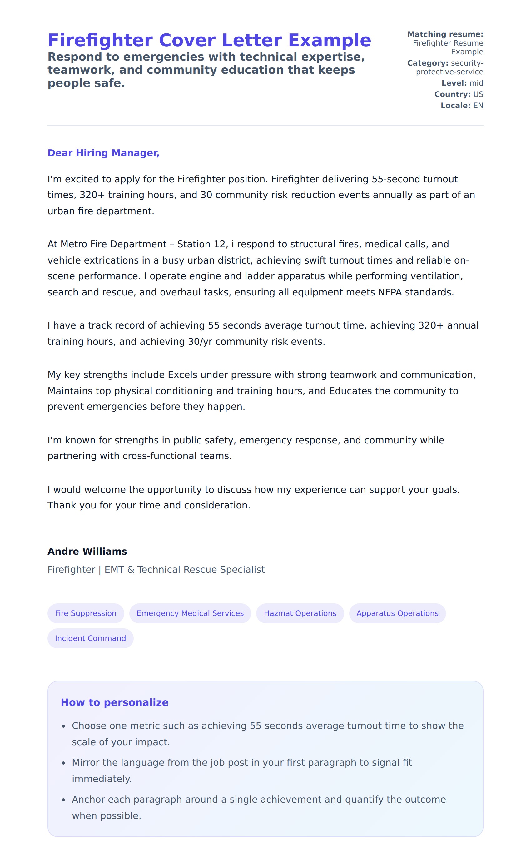 Cover Letter preview for Firefighter Cover Letter Example