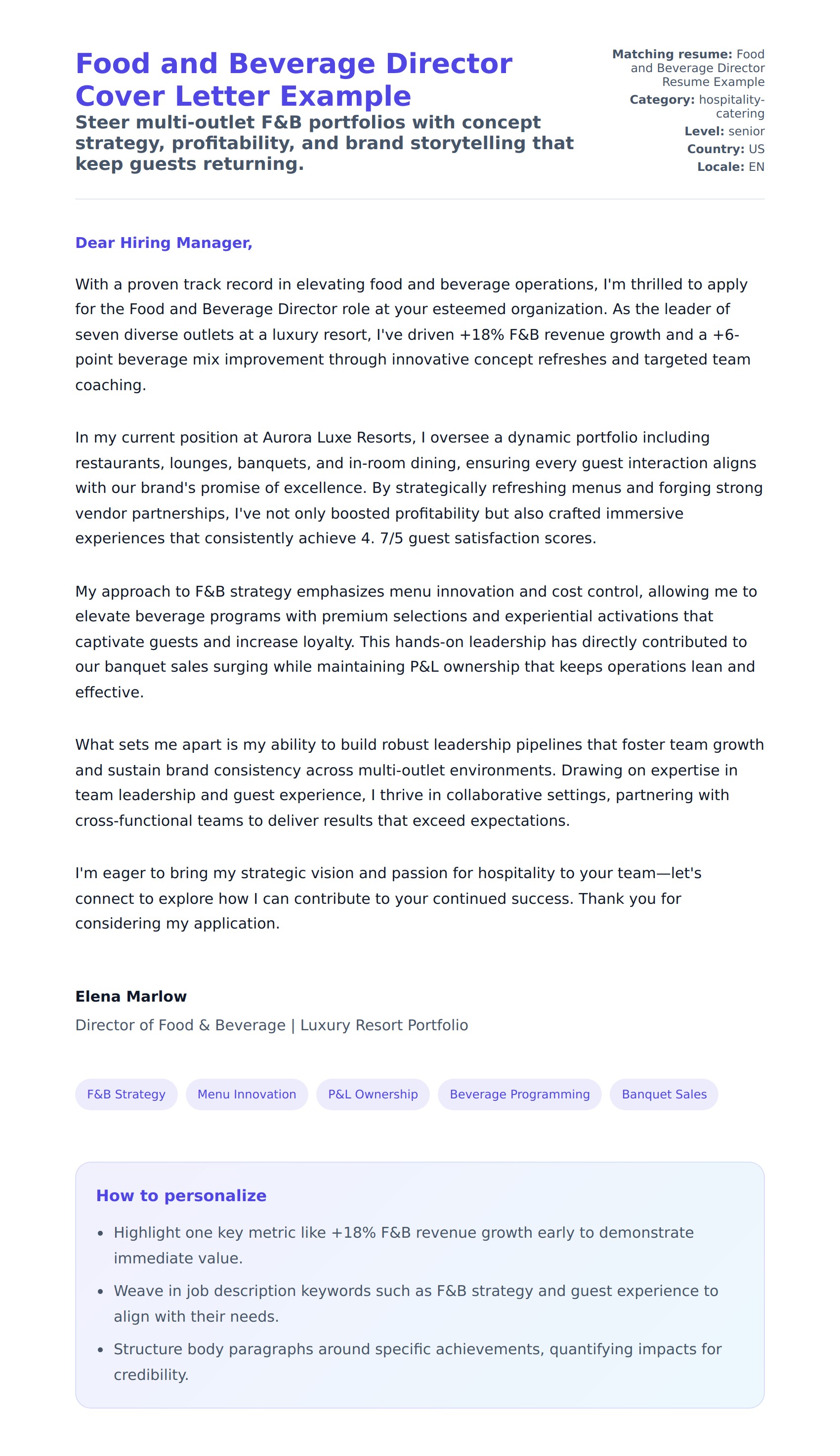 Cover Letter preview for Food and Beverage Director Cover Letter Example