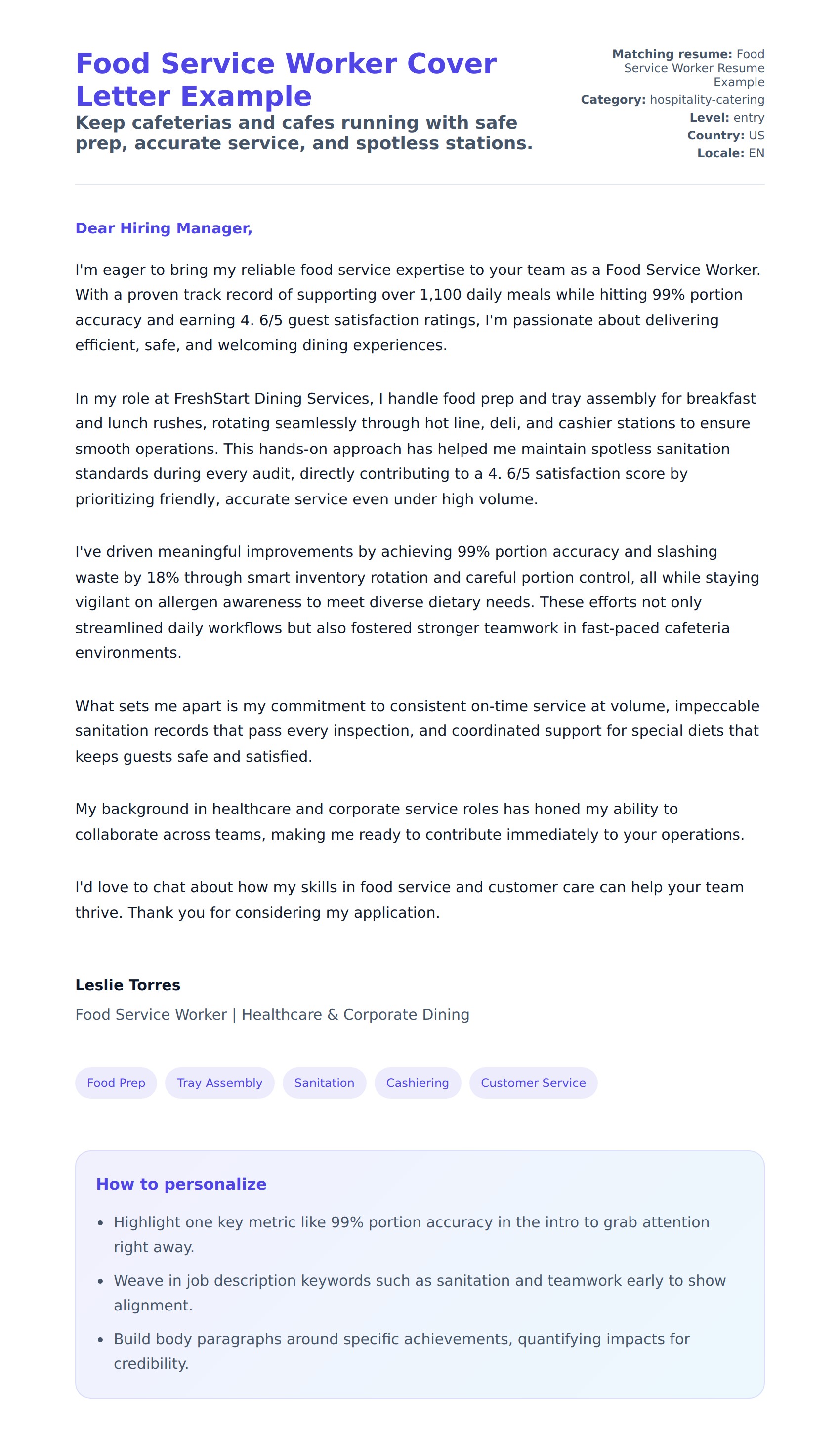 Cover Letter preview for Food Service Worker Cover Letter Example