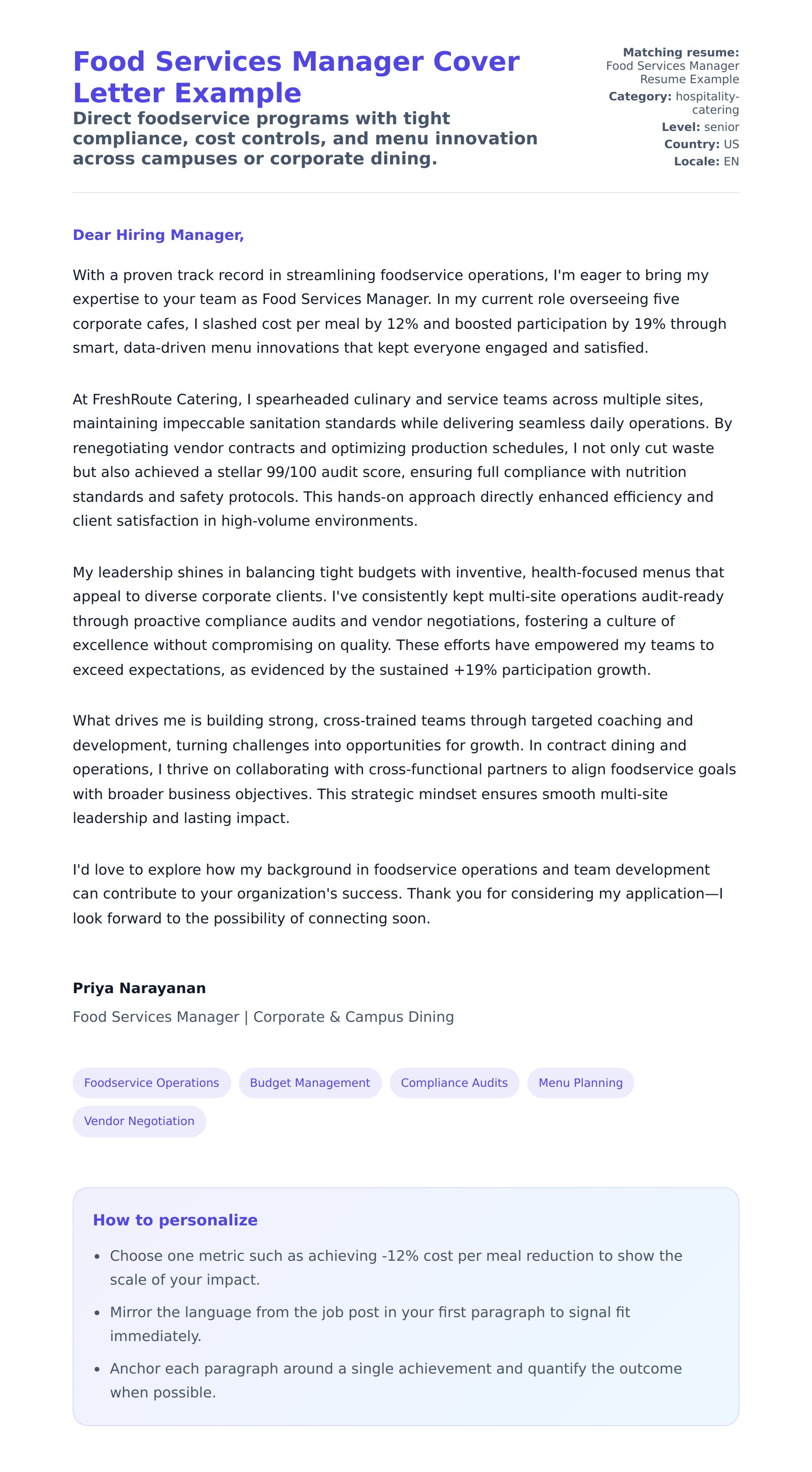 Cover Letter preview for Food Services Manager Cover Letter Example