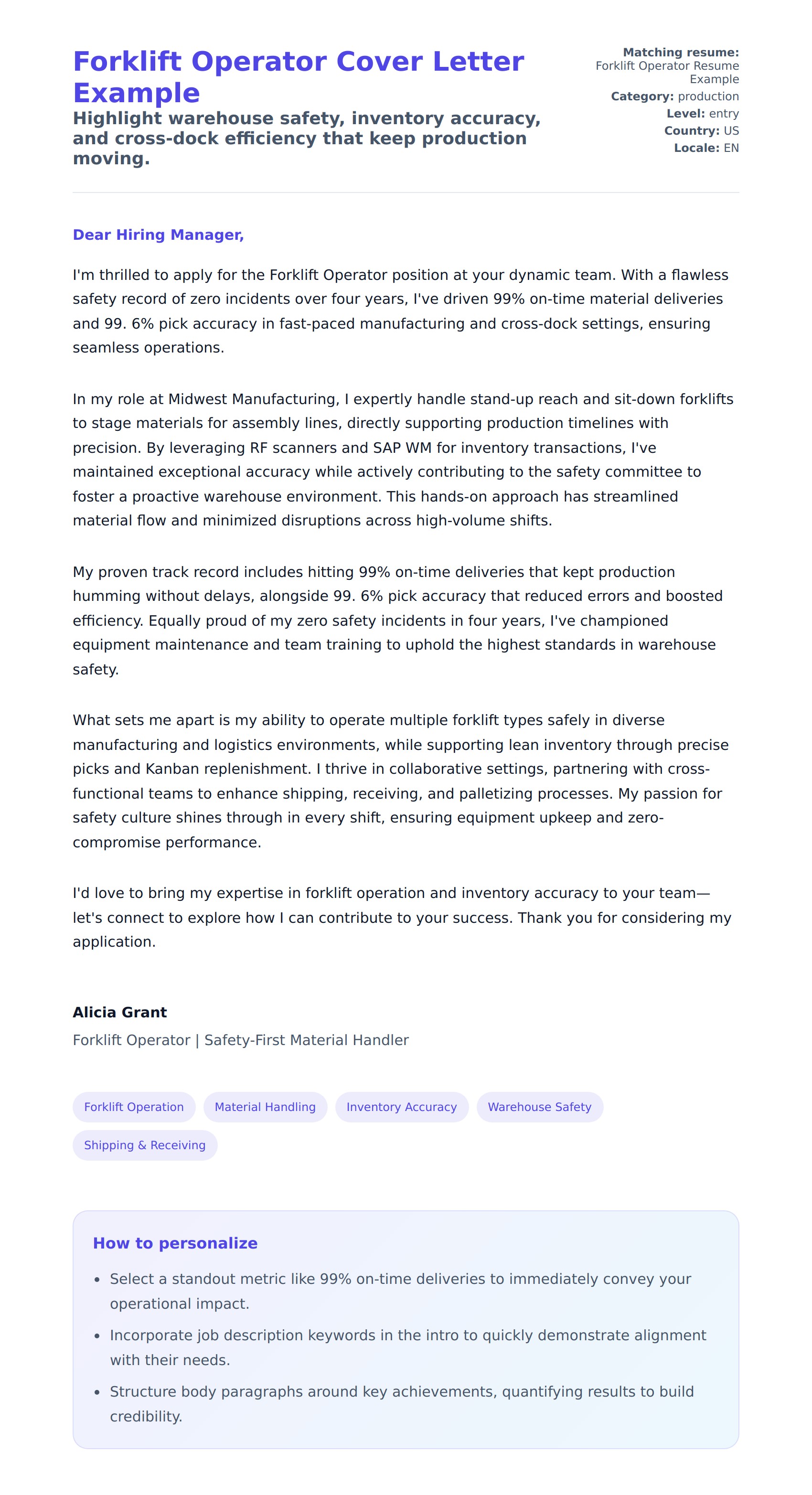 Cover Letter preview for Forklift Operator Cover Letter Example