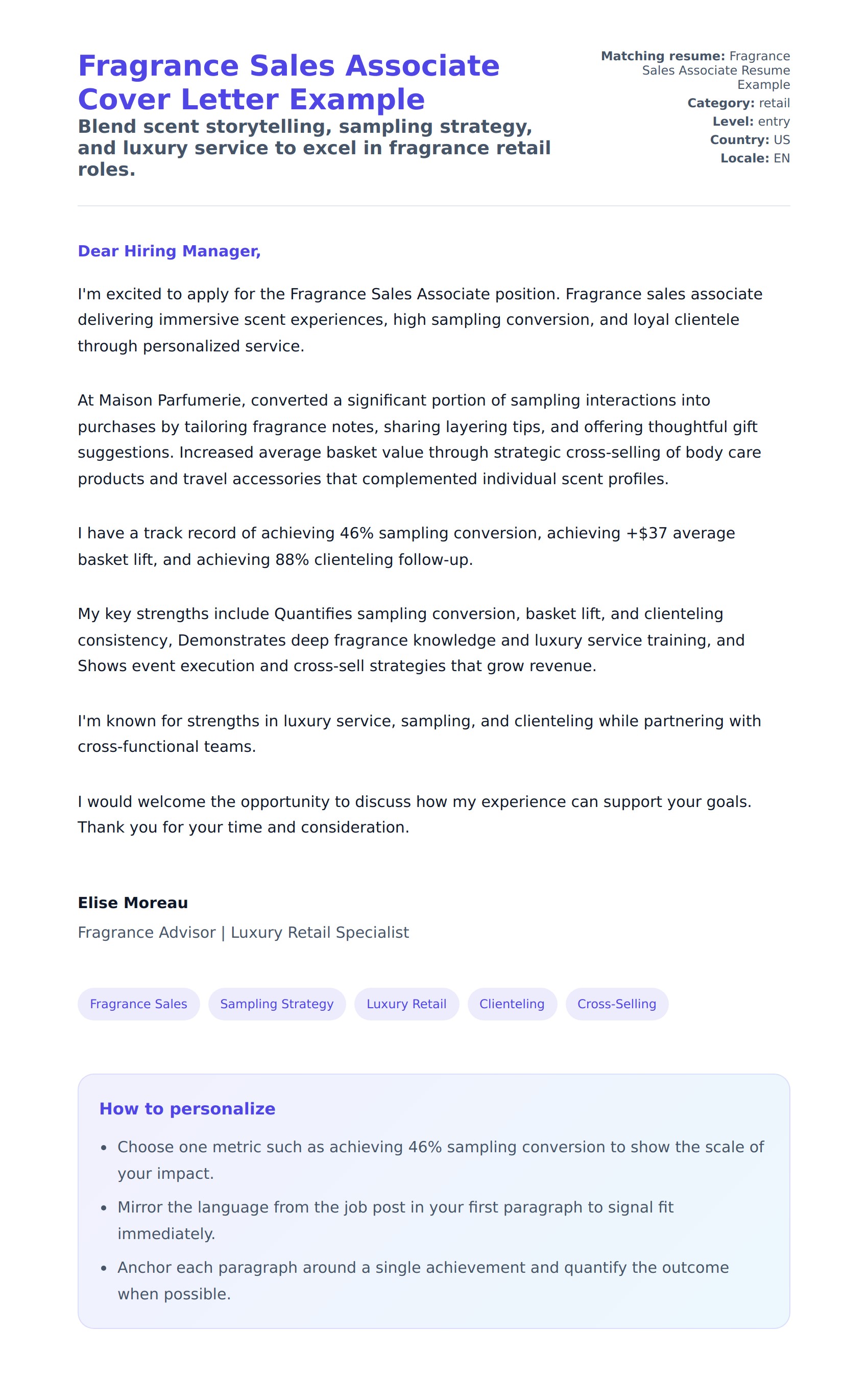 Cover Letter preview for Fragrance Sales Associate Cover Letter Example