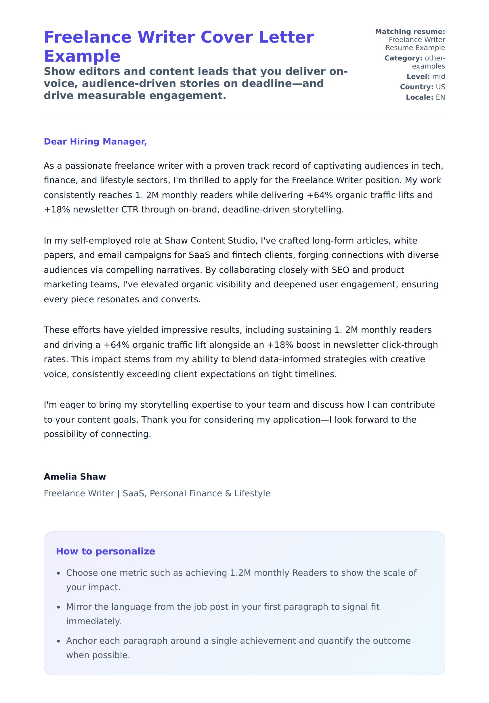 Cover Letter preview for Freelance Writer Cover Letter Example
