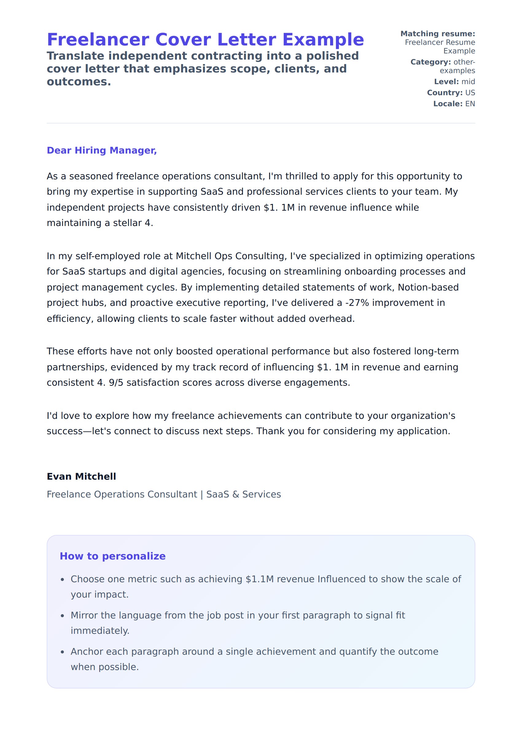 Cover Letter preview for Freelancer Cover Letter Example