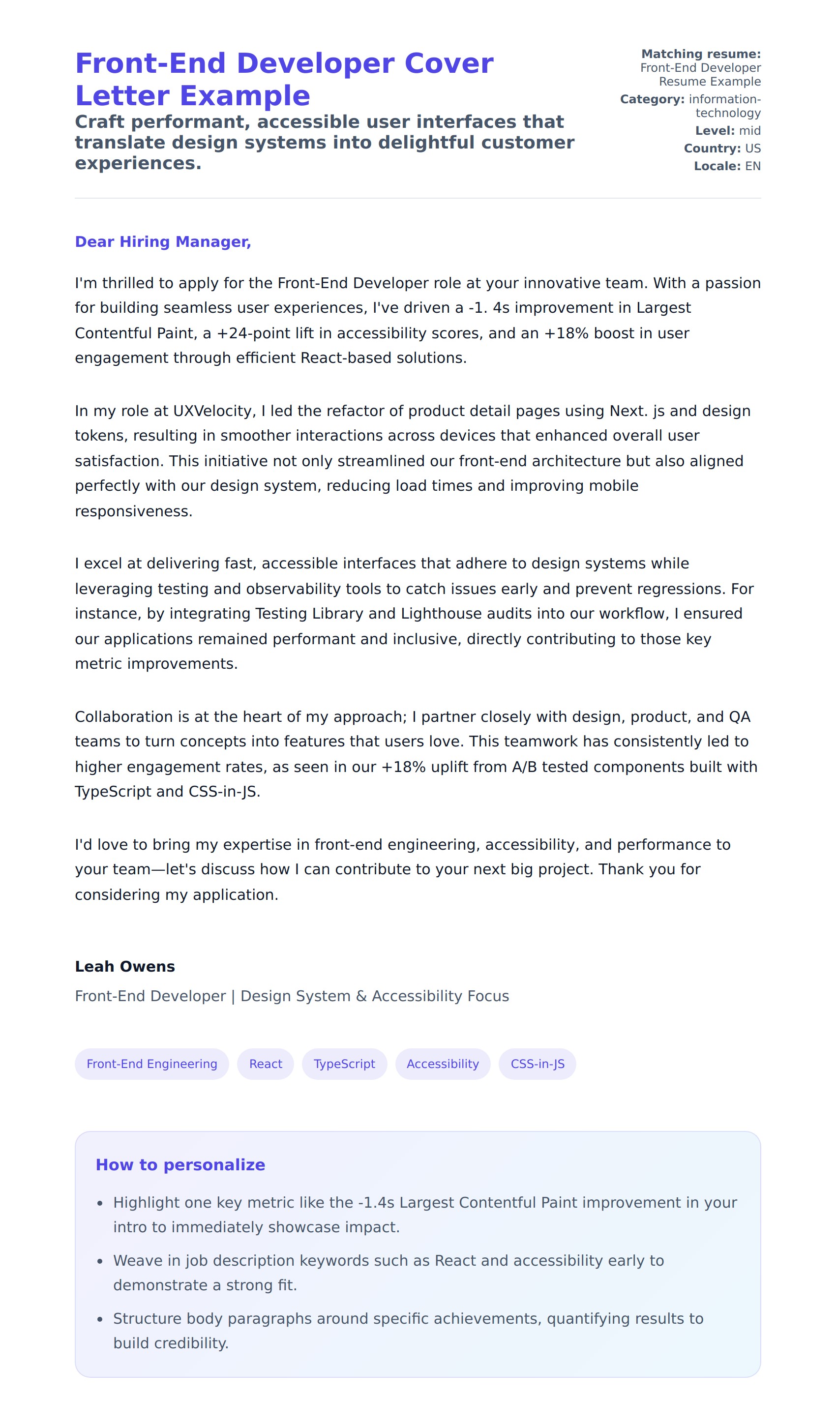 Cover Letter preview for Front-End Developer Cover Letter Example