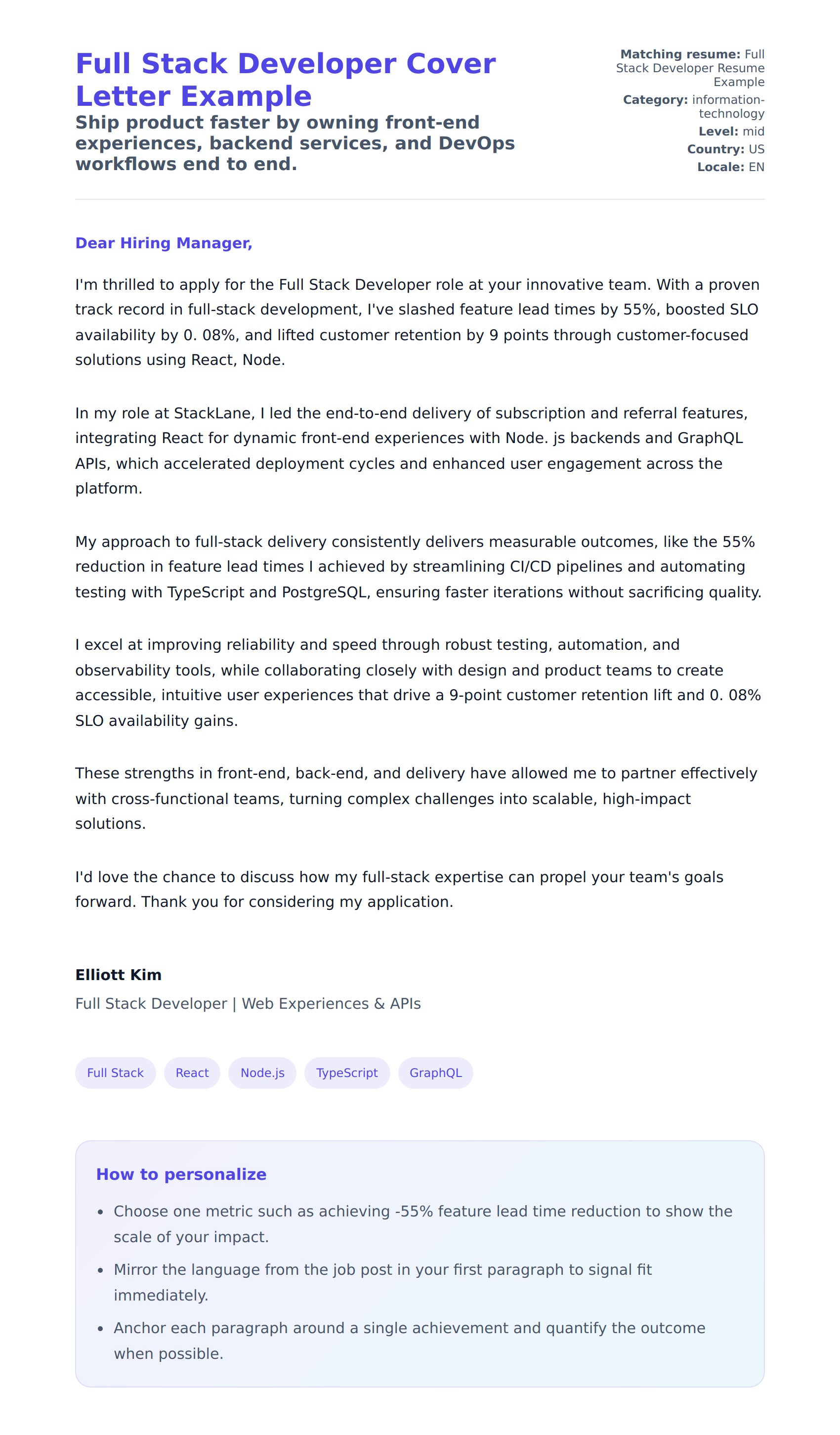 Cover Letter preview for Full Stack Developer Cover Letter Example