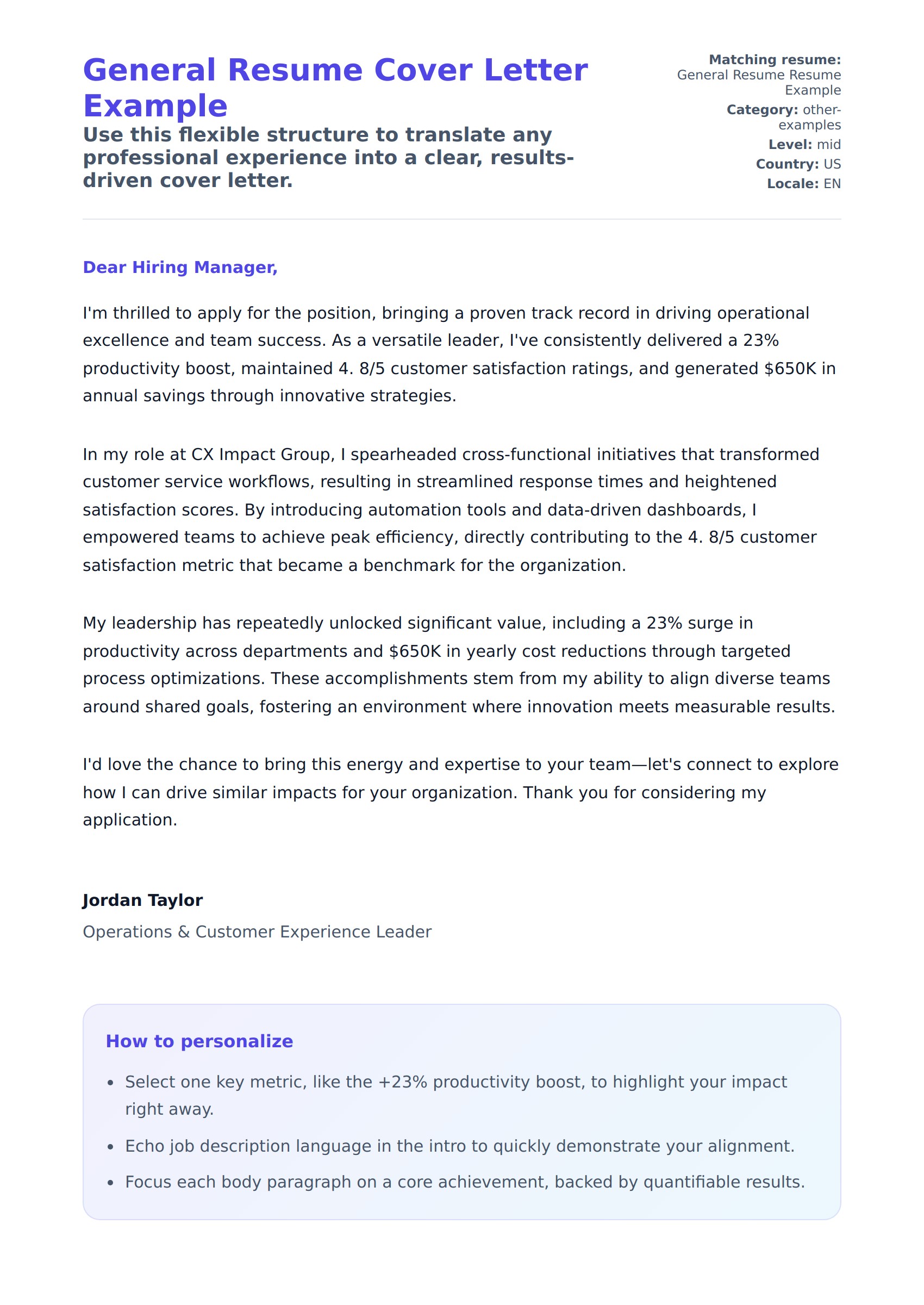 Cover Letter preview for General Resume Cover Letter Example